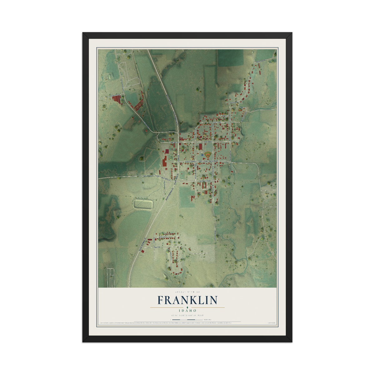 Map of Franklin, Idaho, 12 x 18 inch print in a black wood frame