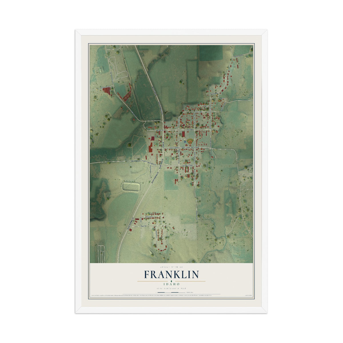 Map of Franklin, Idaho, 12 x 18 inch print in a white wood frame
