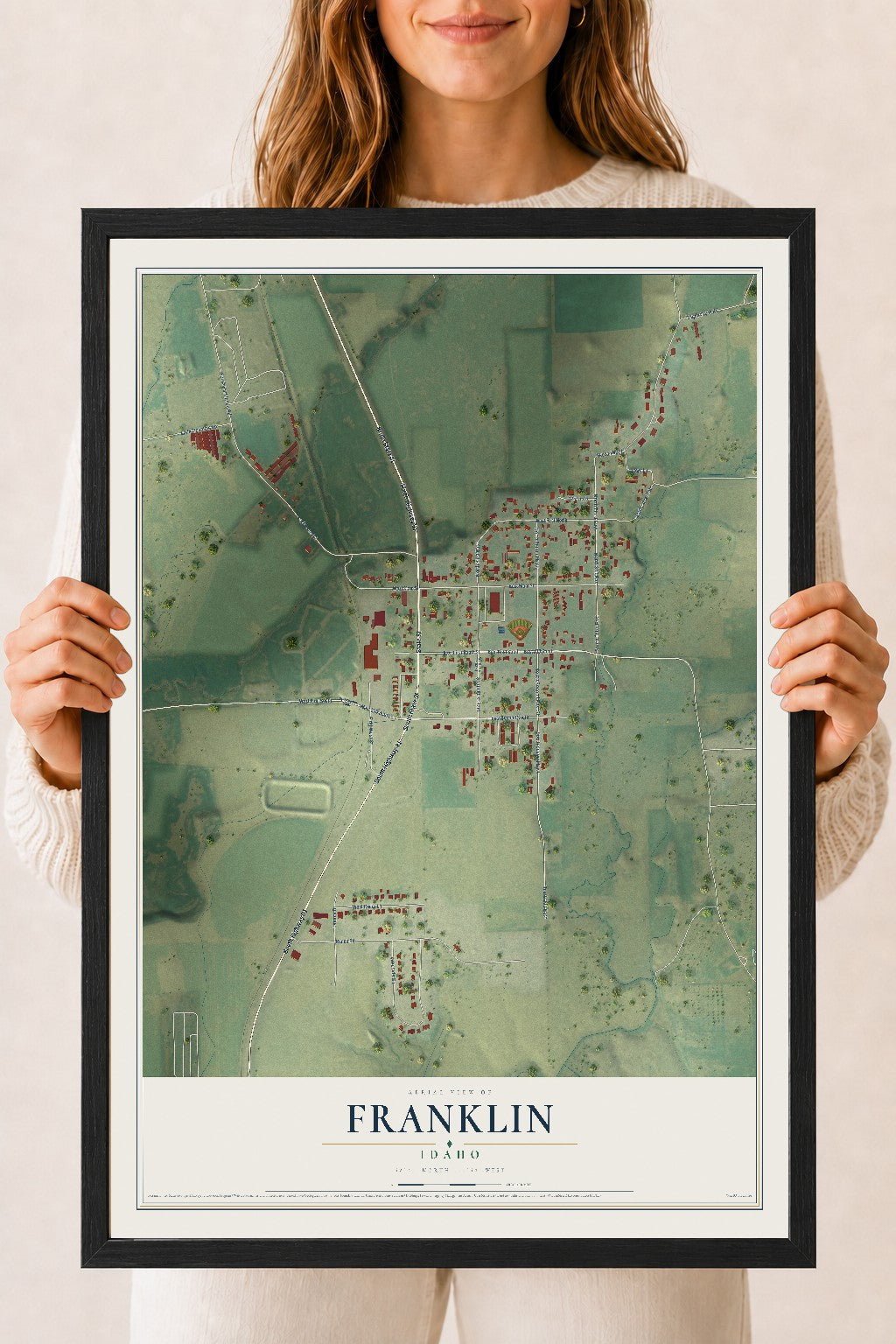 Map of Franklin, Idaho, 18 x 24 inch print in a black wood frame