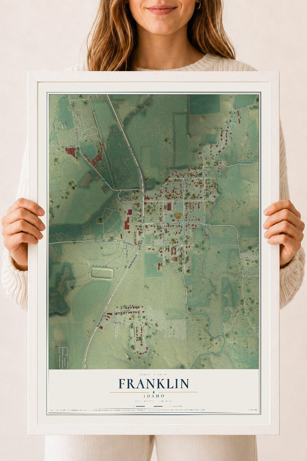 Map of Franklin, Idaho, 18 x 24 inch print in a white wood frame
