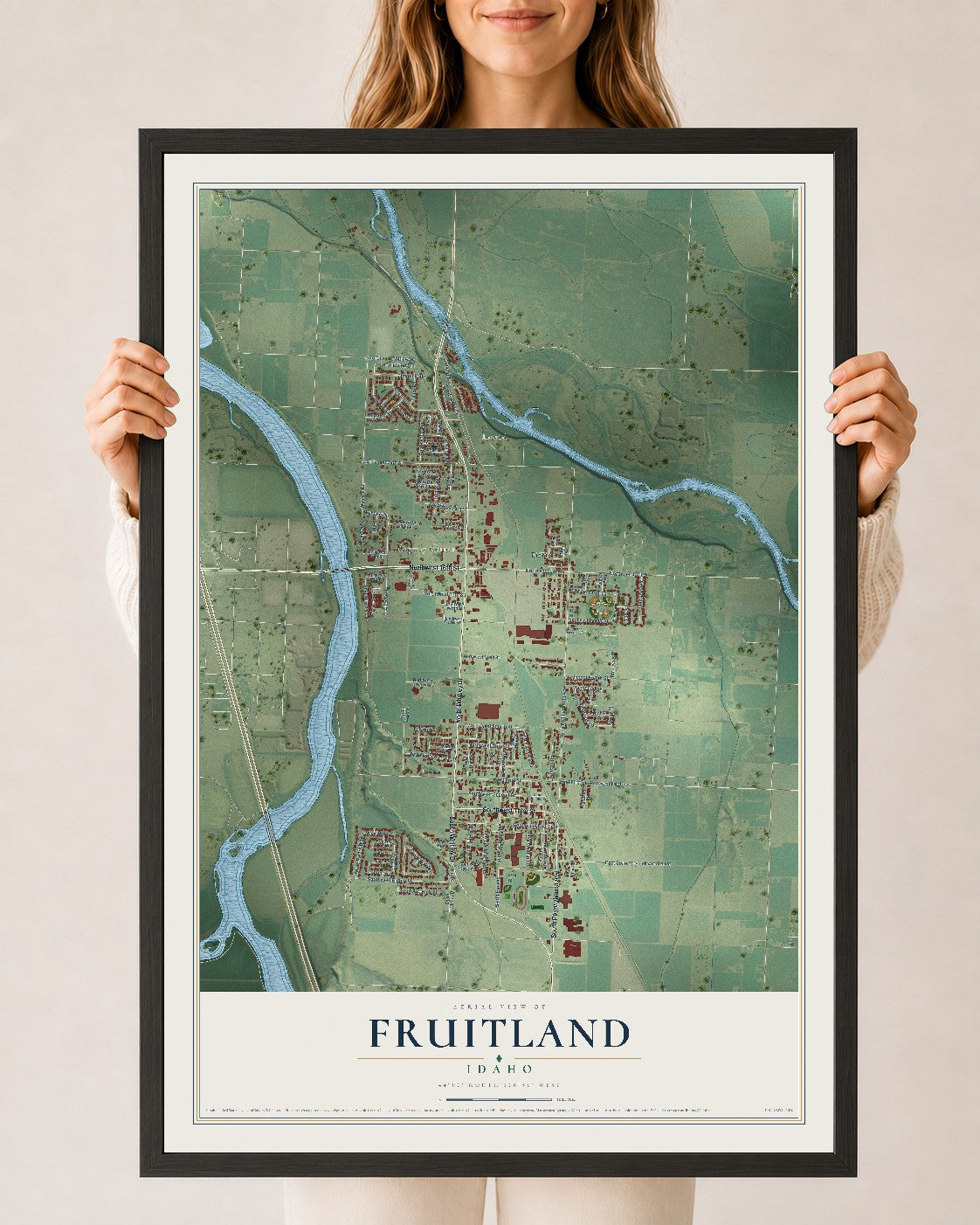 Map of Fruitland, Idaho, 24 x 36 inch print in a black wood frame