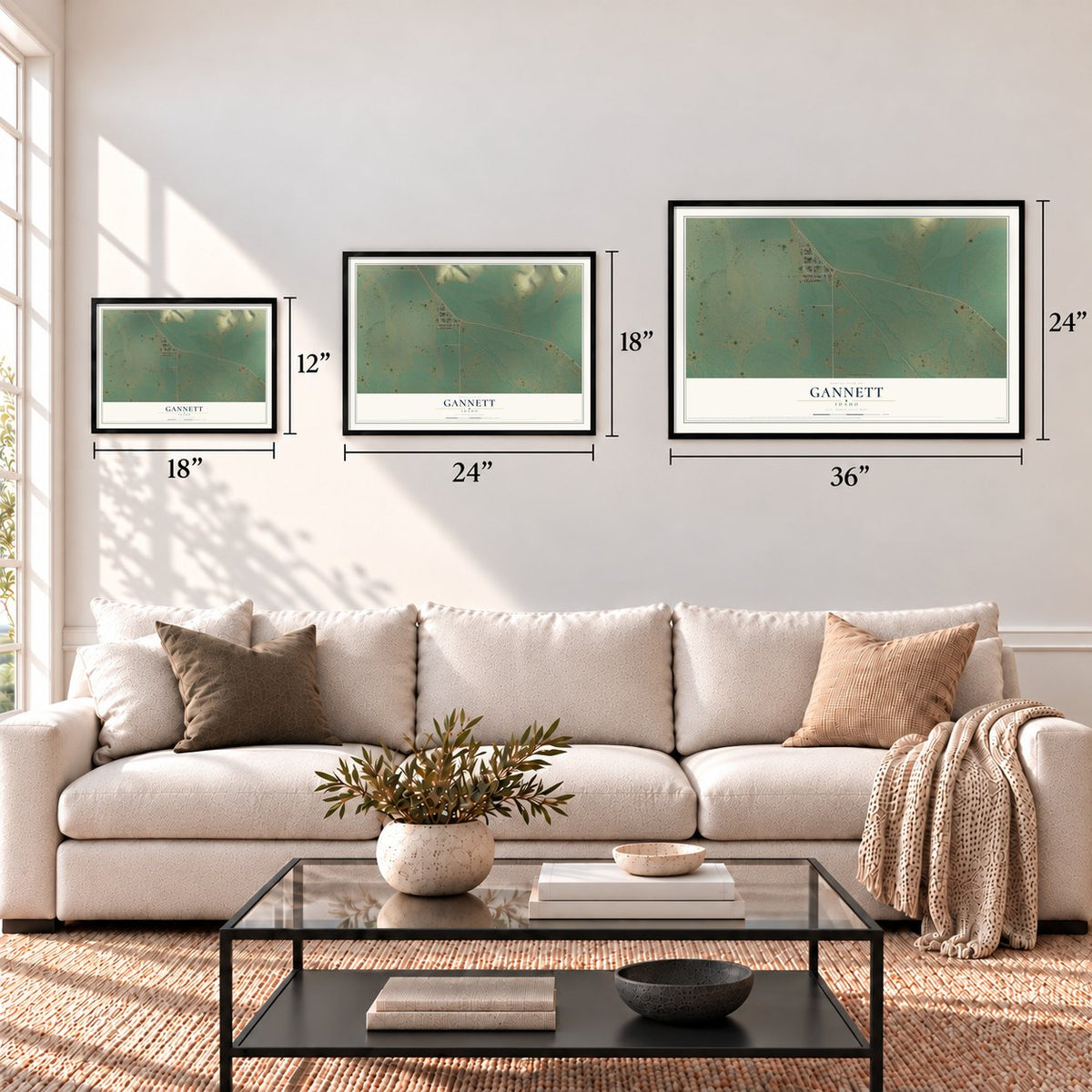 Gannett, Idaho map in 12 x 18, 18 x 24 and 24 x 36 inch sizes above a sofa