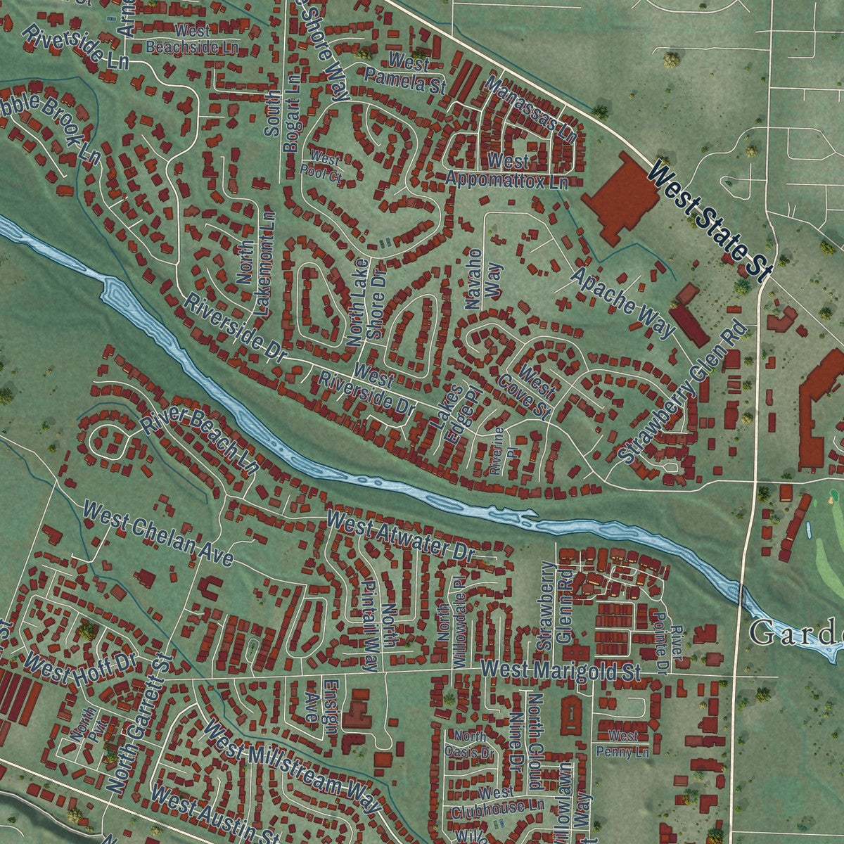 Close-up of the map of Garden City, Idaho print showing street and building detail