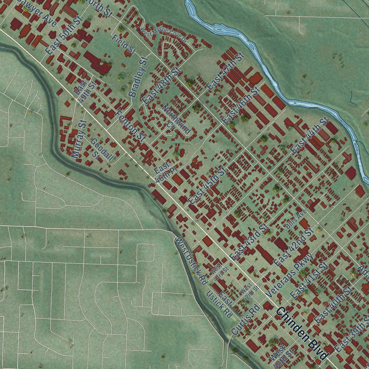 Second close-up of the map of Garden City, Idaho print showing more streets and buildings