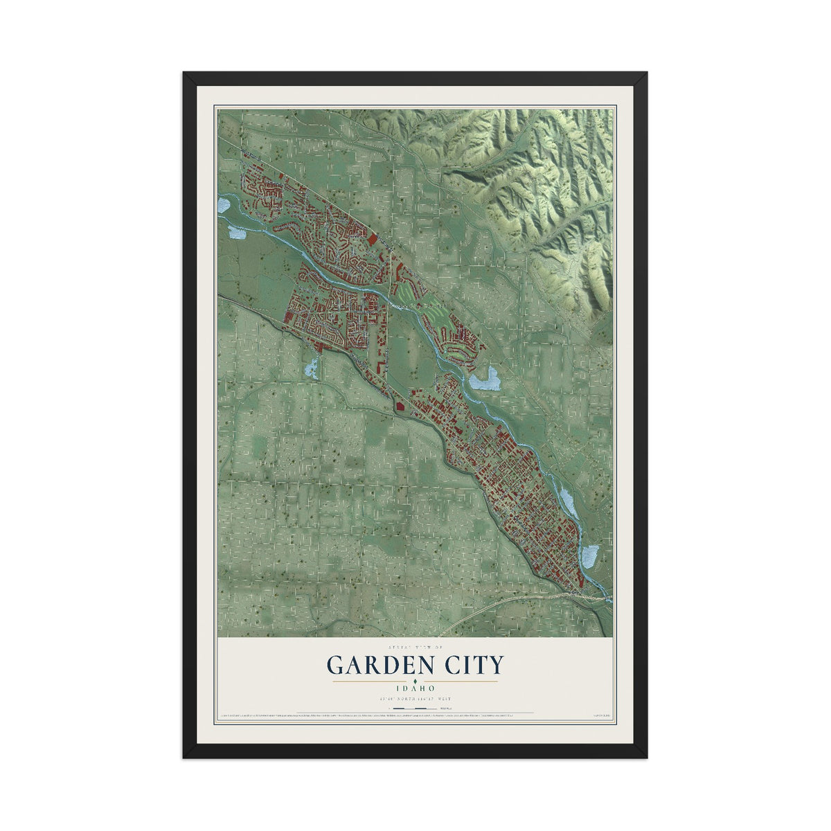 Map of Garden City, Idaho, 12 x 18 inch print in a black wood frame