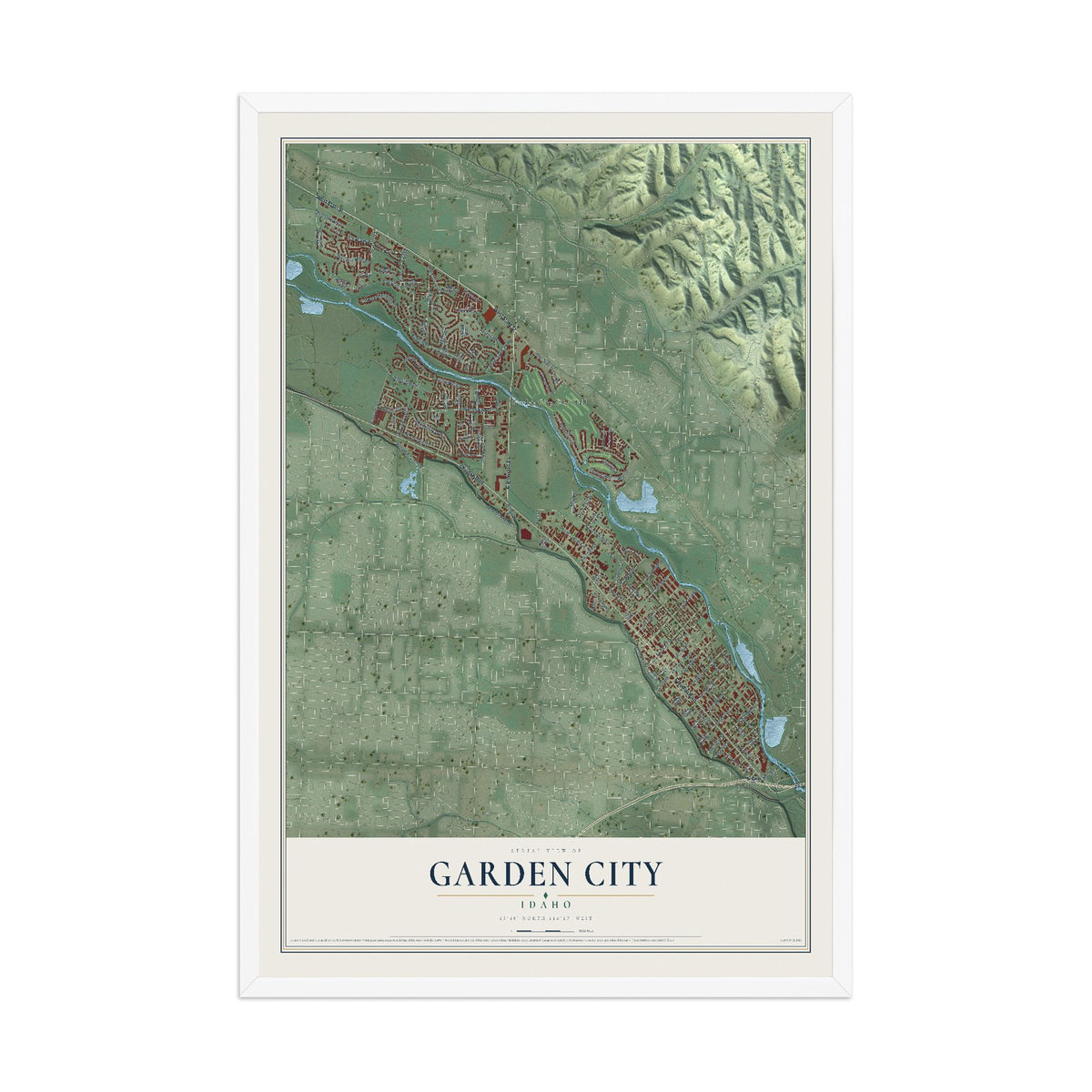 Map of Garden City, Idaho, 12 x 18 inch print in a white wood frame