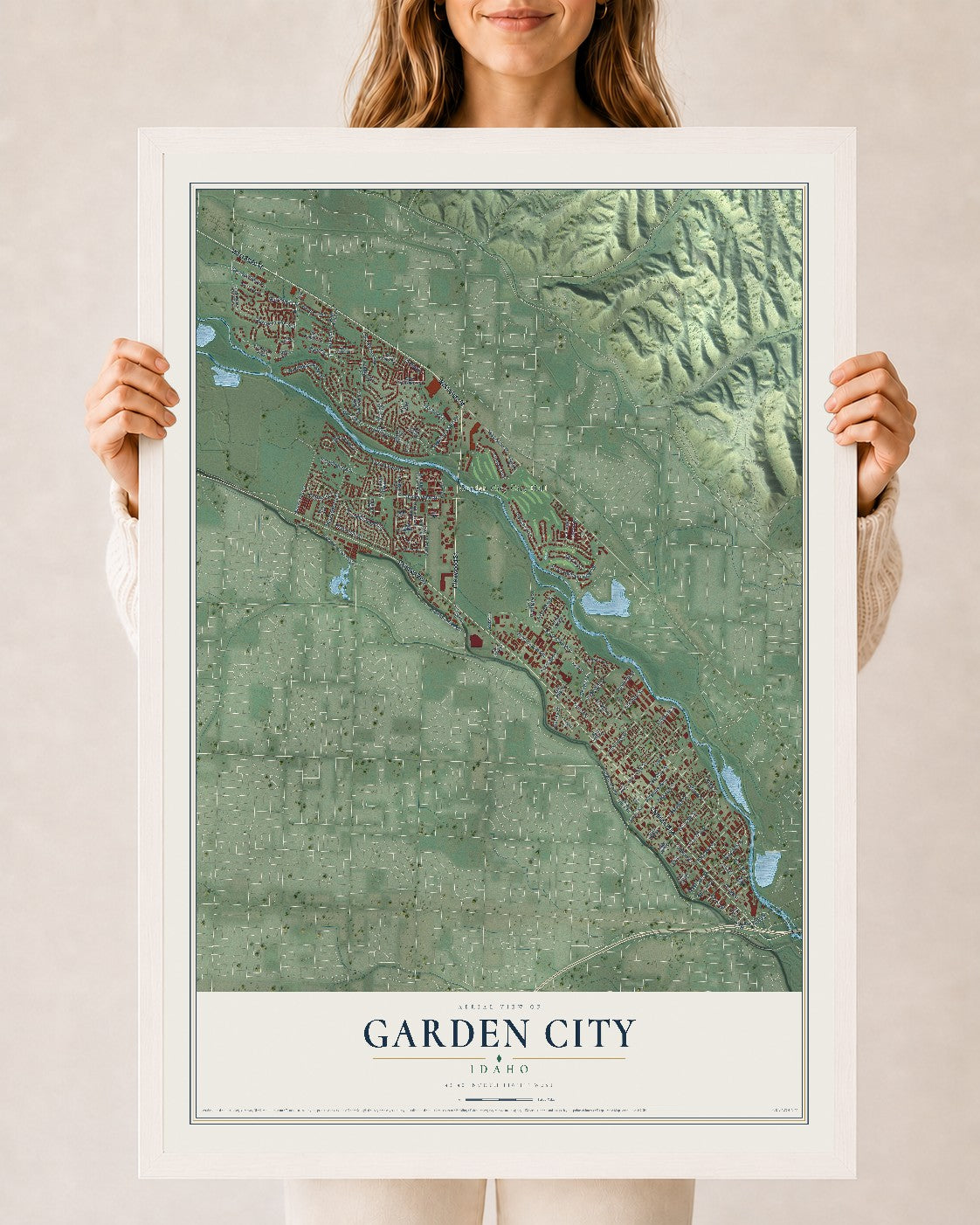 Map of Garden City, Idaho, 24 x 36 inch print in a white wood frame