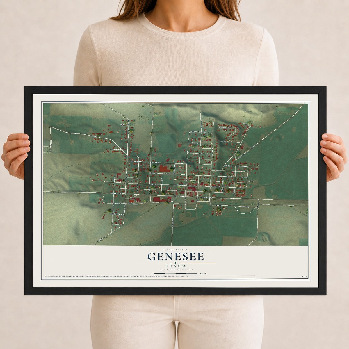 Map of Genesee, Idaho, 12 x 18 inch print in a black wood frame