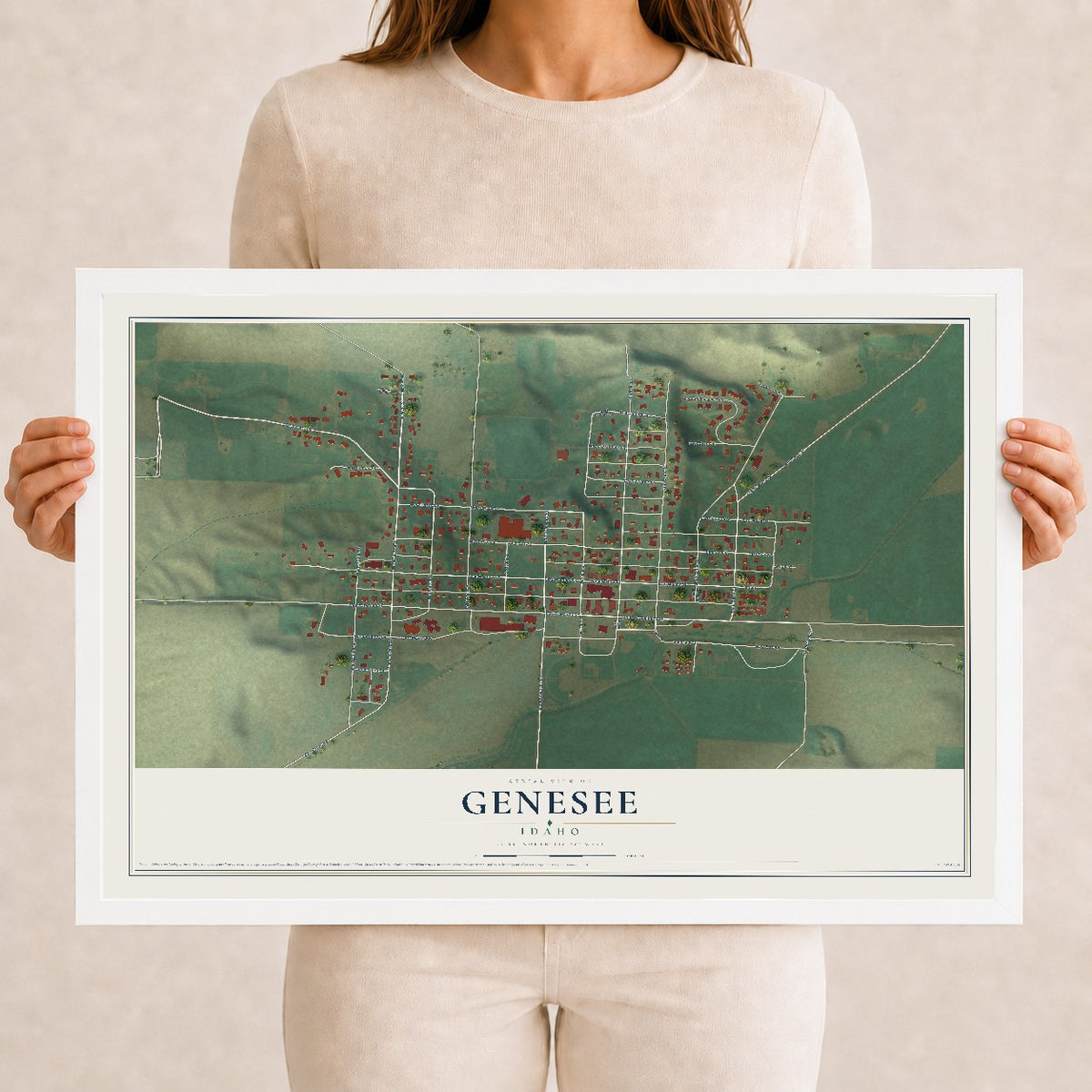 Map of Genesee, Idaho, 12 x 18 inch print in a white wood frame