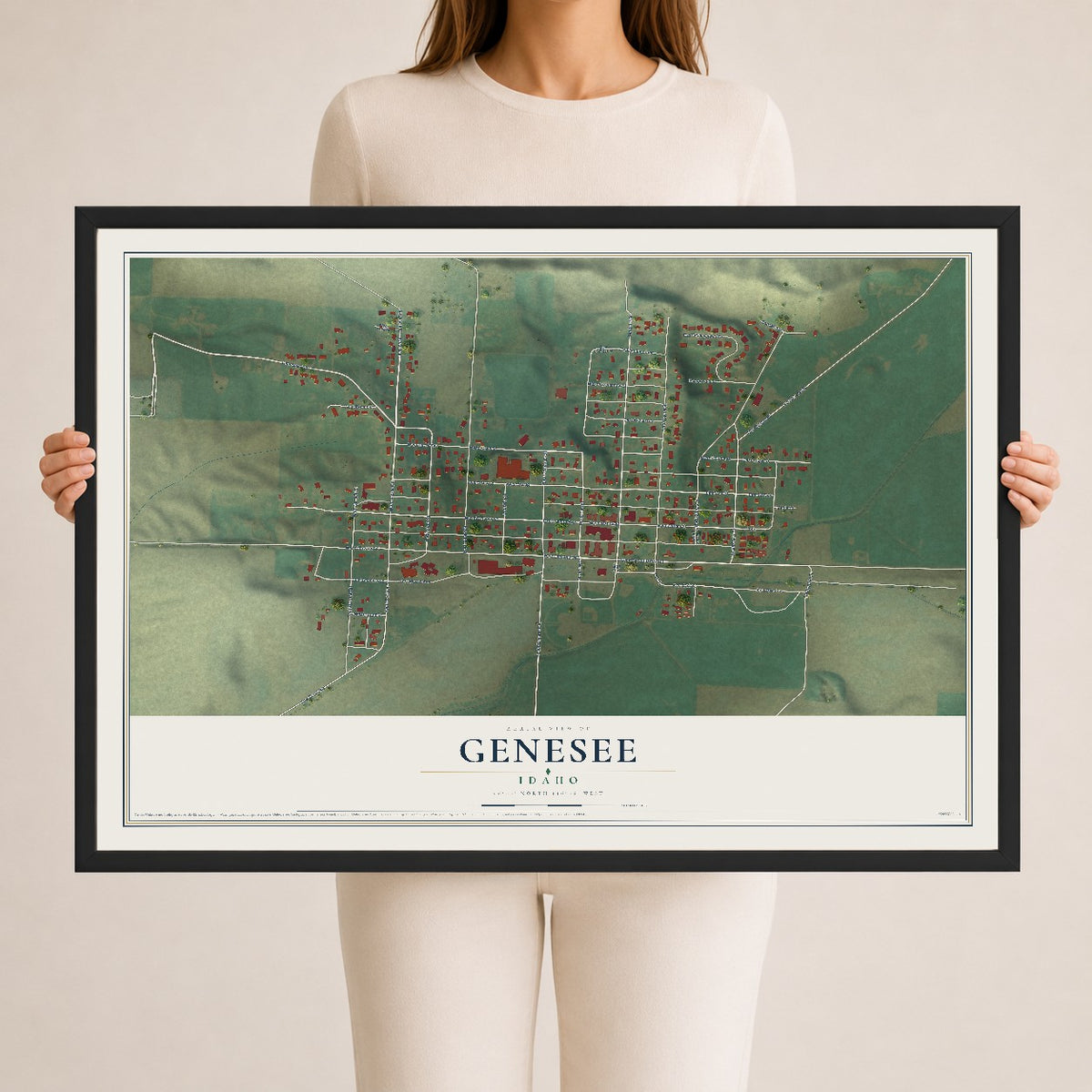 Map of Genesee, Idaho, 24 x 36 inch print in a black wood frame