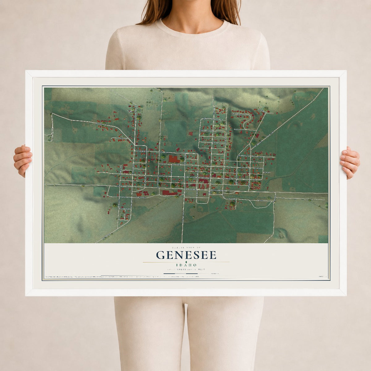 Map of Genesee, Idaho, 24 x 36 inch print in a white wood frame