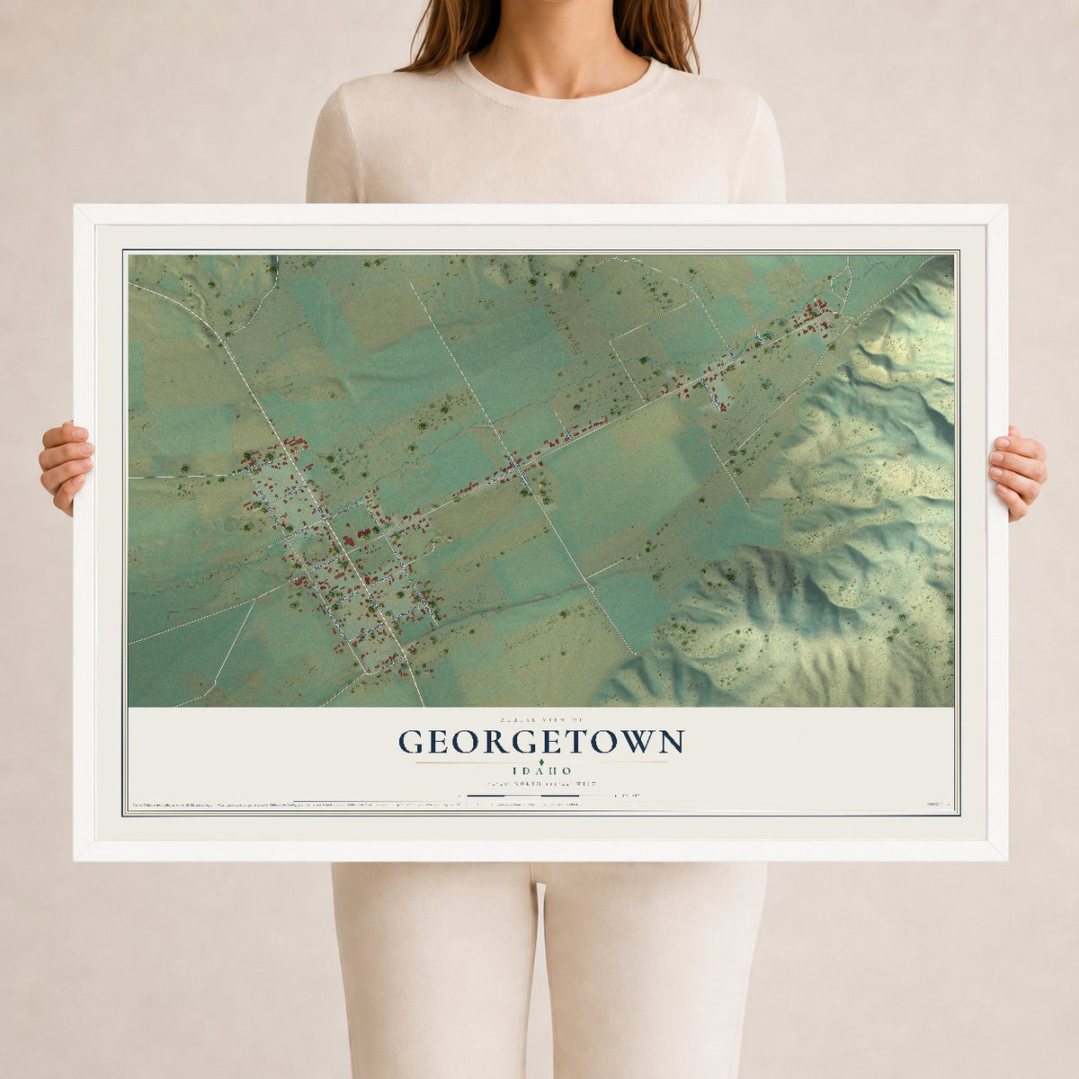 Map of Georgetown, Idaho, 24 x 36 inch print in a white wood frame