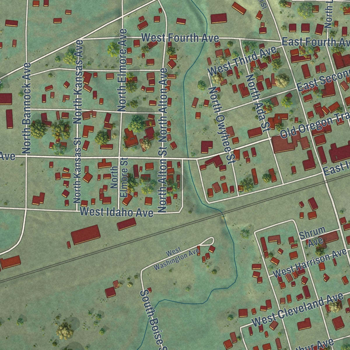Close-up of the map of Glenns Ferry, Idaho print showing street and building detail
