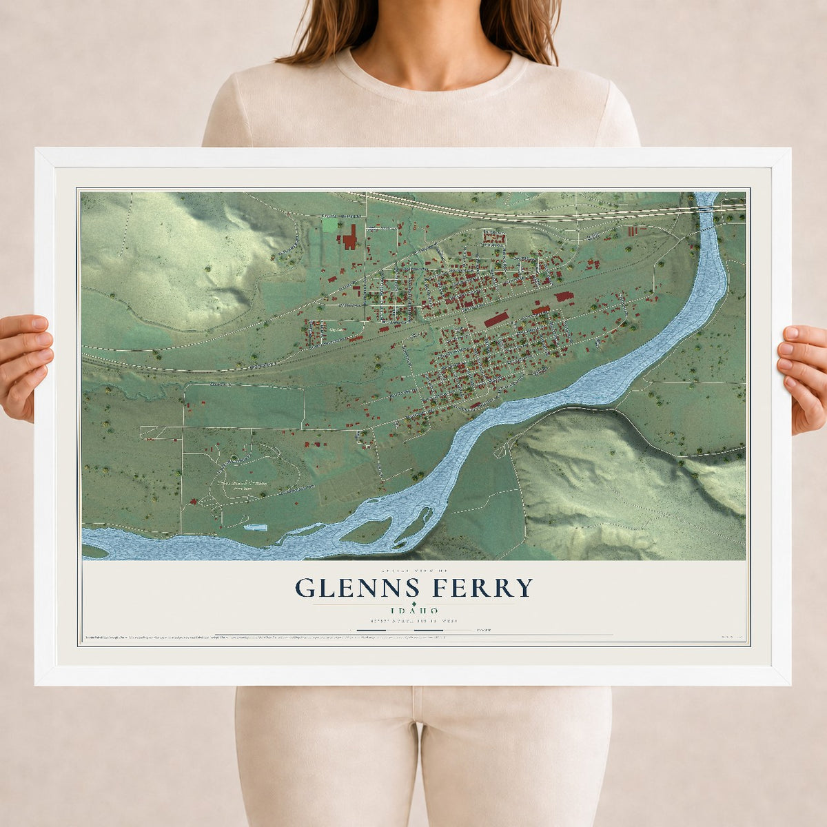 Map of Glenns Ferry, Idaho, 18 x 24 inch print in a white wood frame