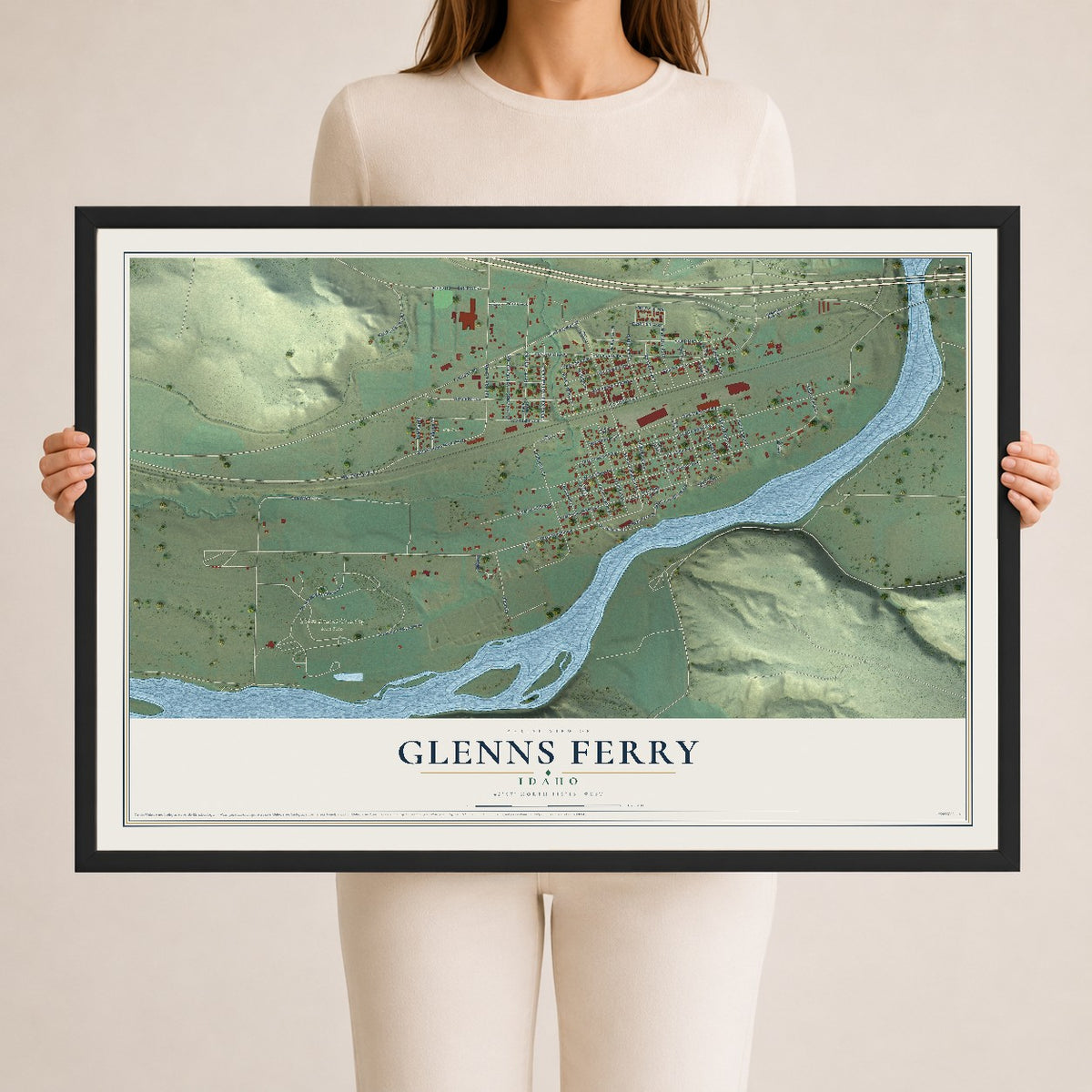 Map of Glenns Ferry, Idaho, 24 x 36 inch print in a black wood frame