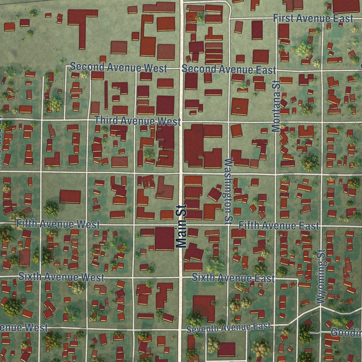 Close-up of the map of Gooding, Idaho print showing street and building detail