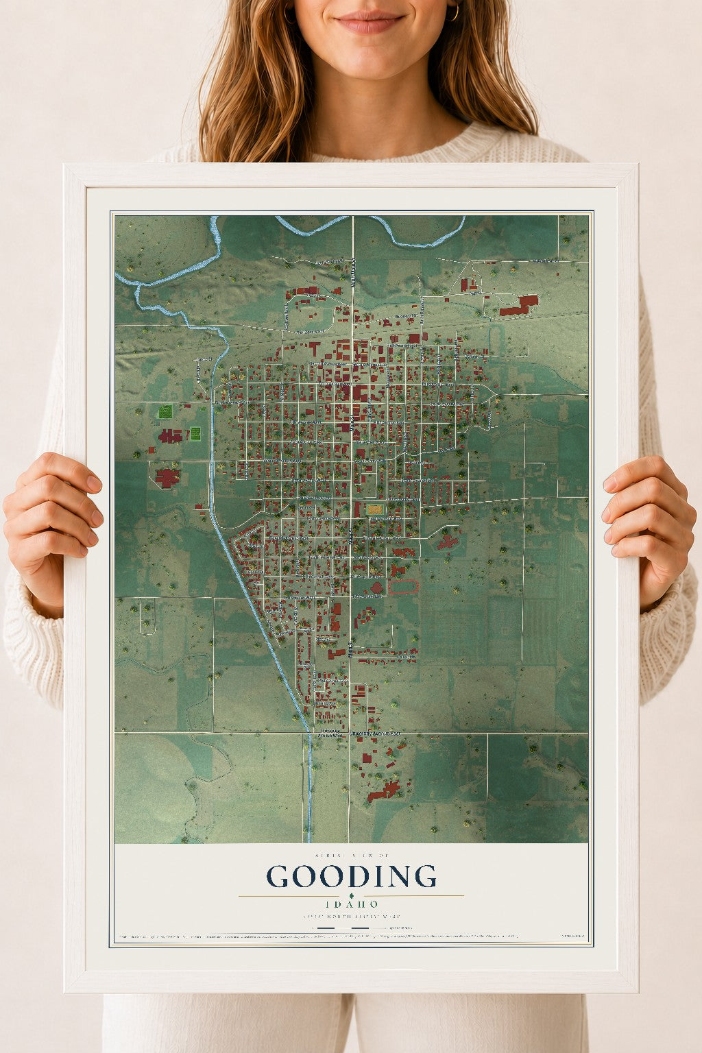 Map of Gooding, Idaho, 18 x 24 inch print in a white wood frame
