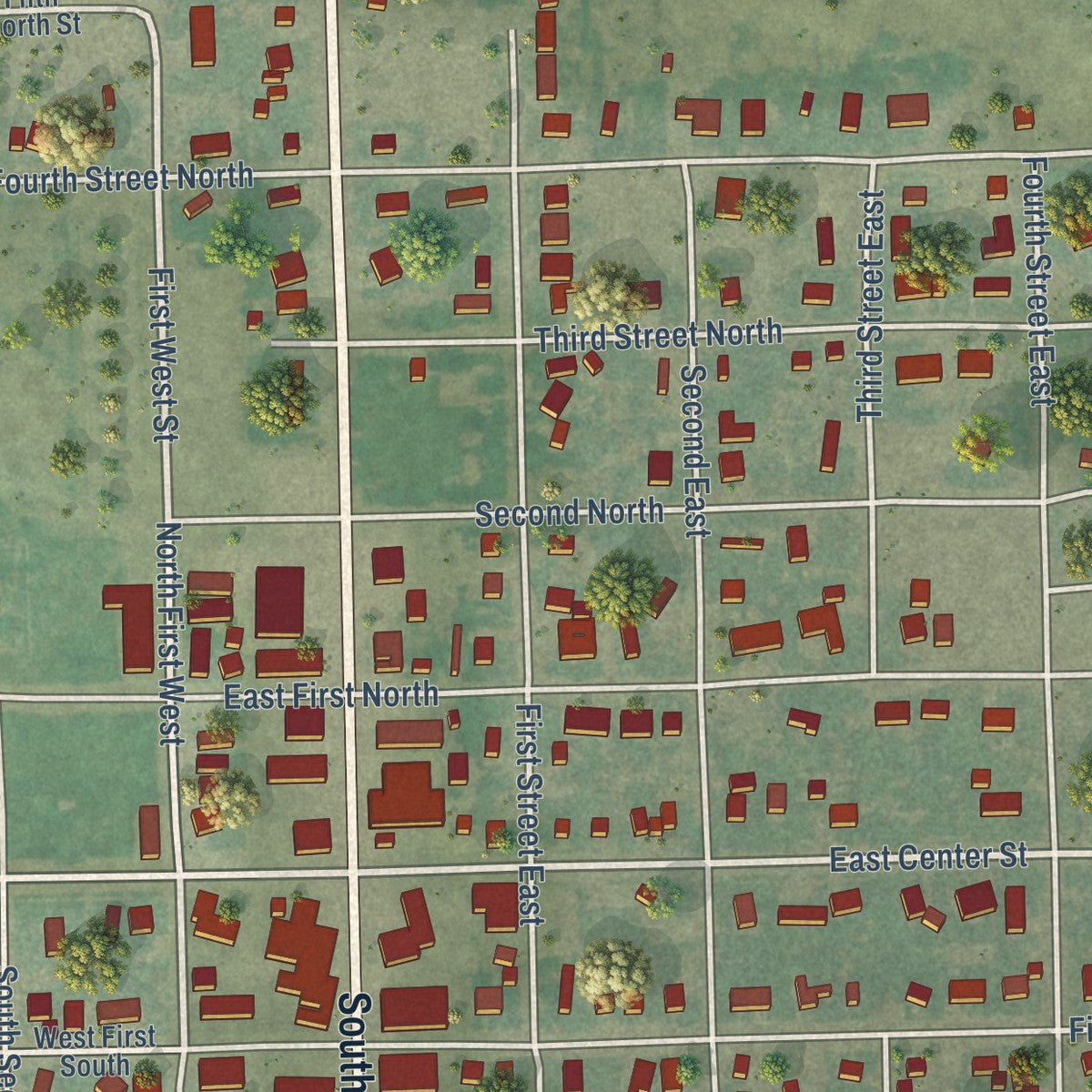 Close-up of the map of Grace, Idaho print showing street and building detail