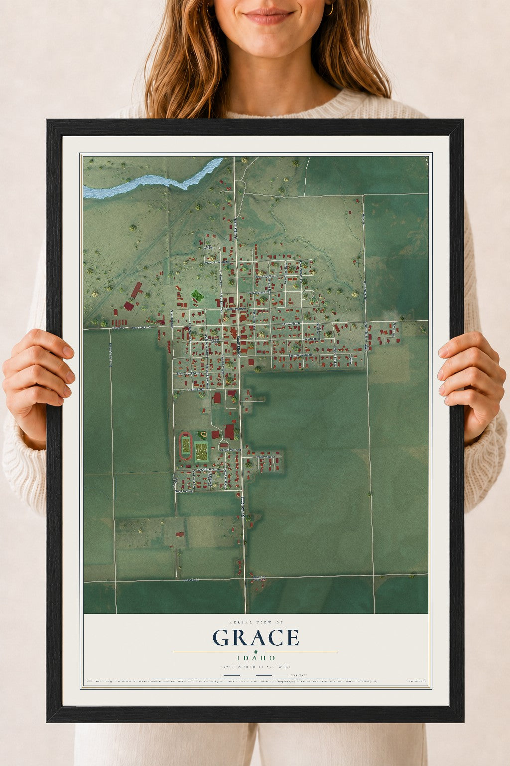 Map of Grace, Idaho, 18 x 24 inch print in a black wood frame