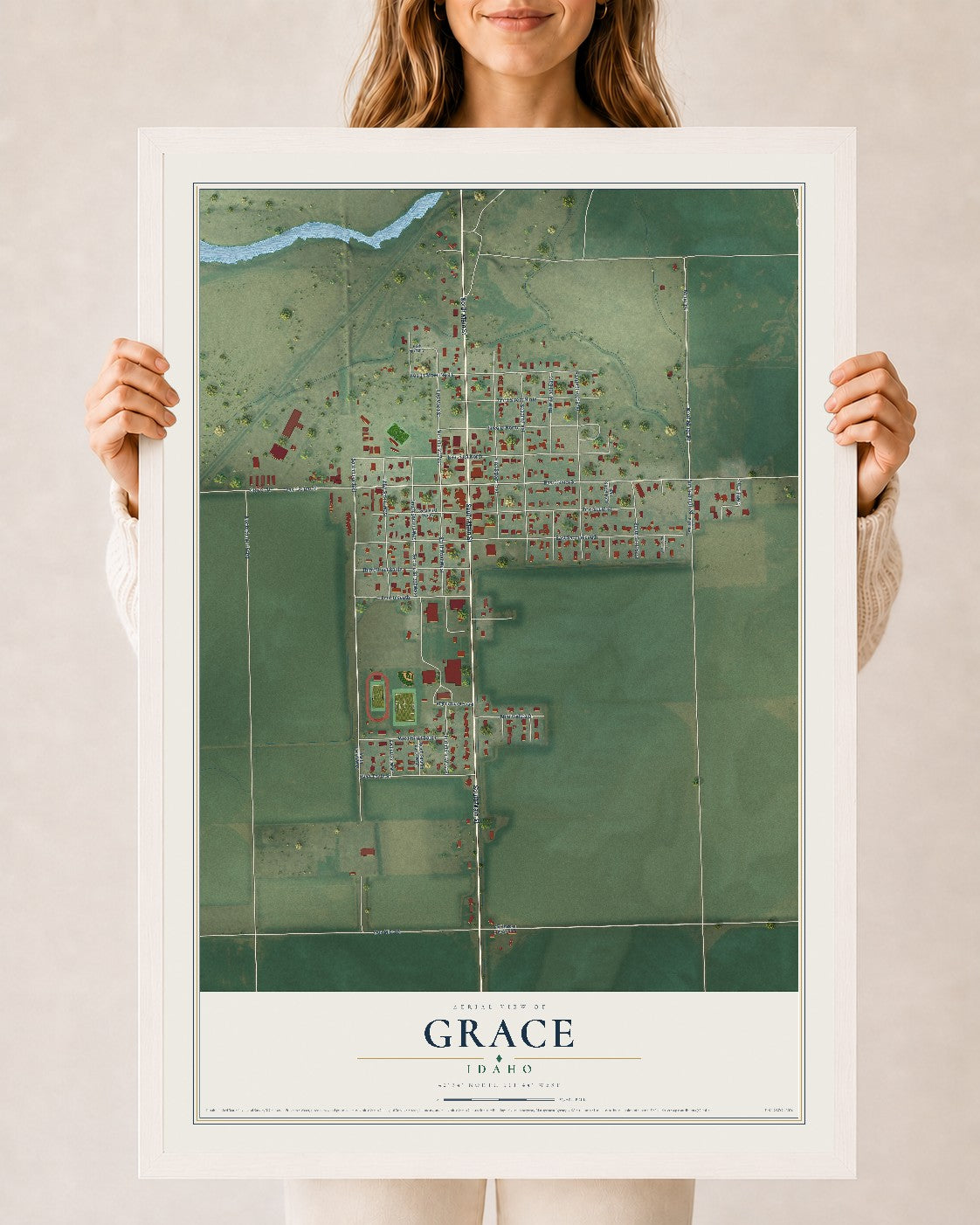 Map of Grace, Idaho, 24 x 36 inch print in a white wood frame