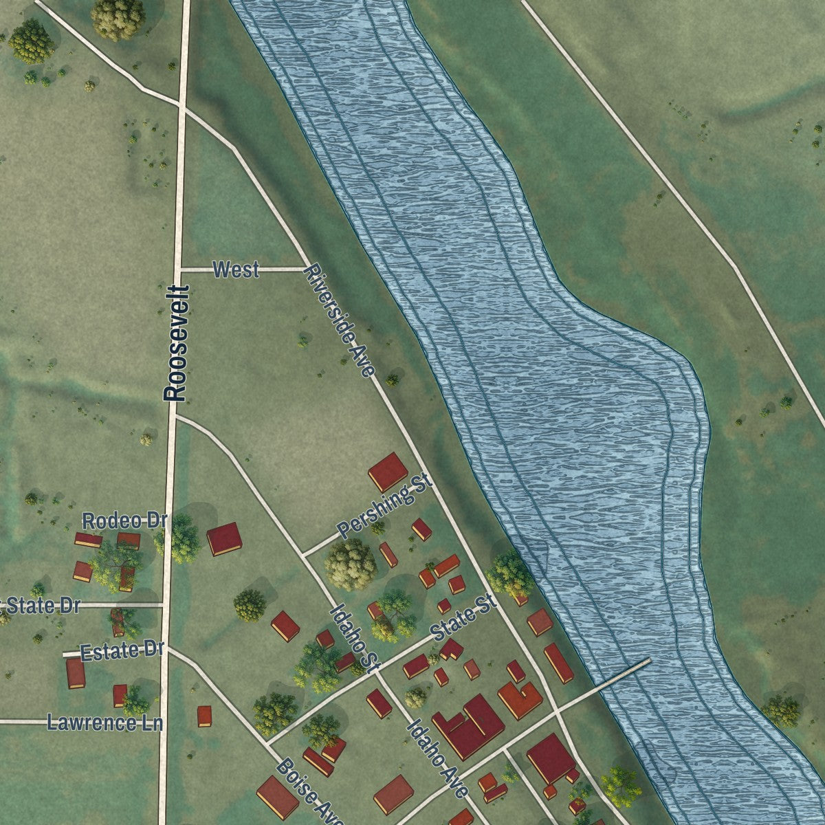 Close-up of the map of Grand View, Idaho print showing street and building detail