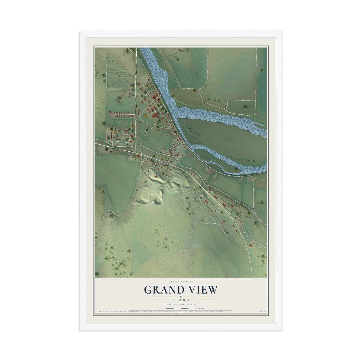 Map of Grand View, Idaho, 12 x 18 inch print in a white wood frame