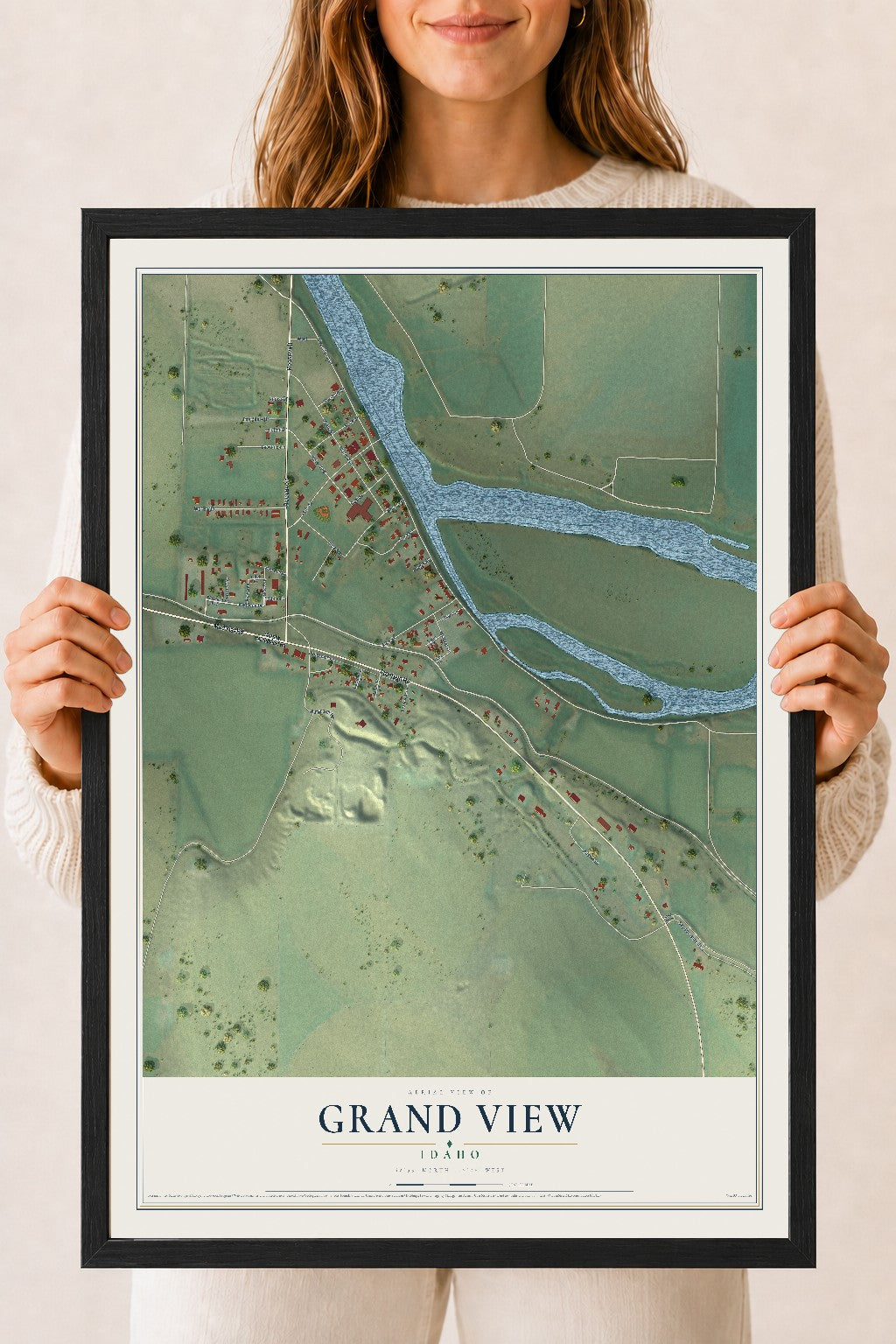 Map of Grand View, Idaho, 18 x 24 inch print in a black wood frame