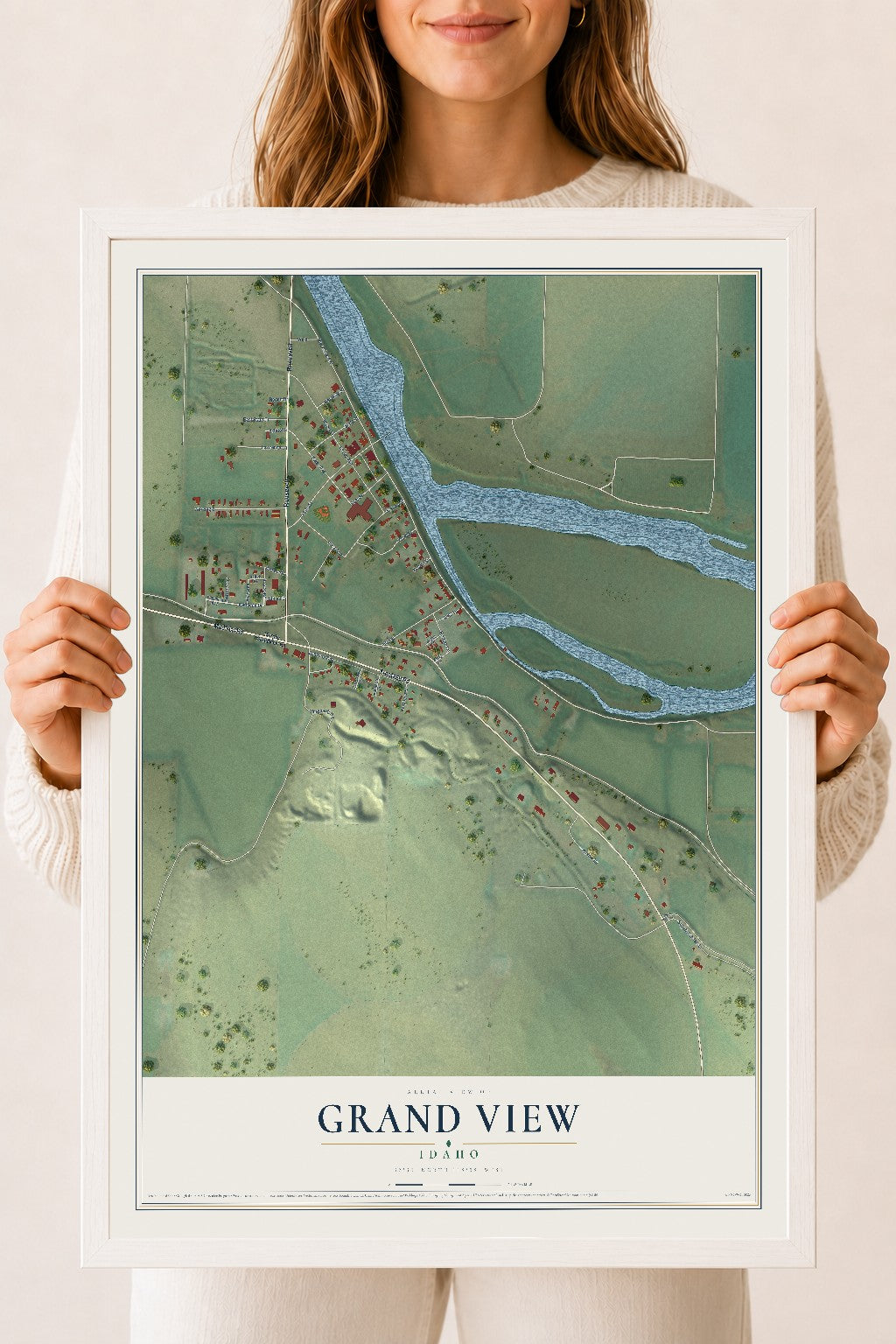 Map of Grand View, Idaho, 18 x 24 inch print in a white wood frame