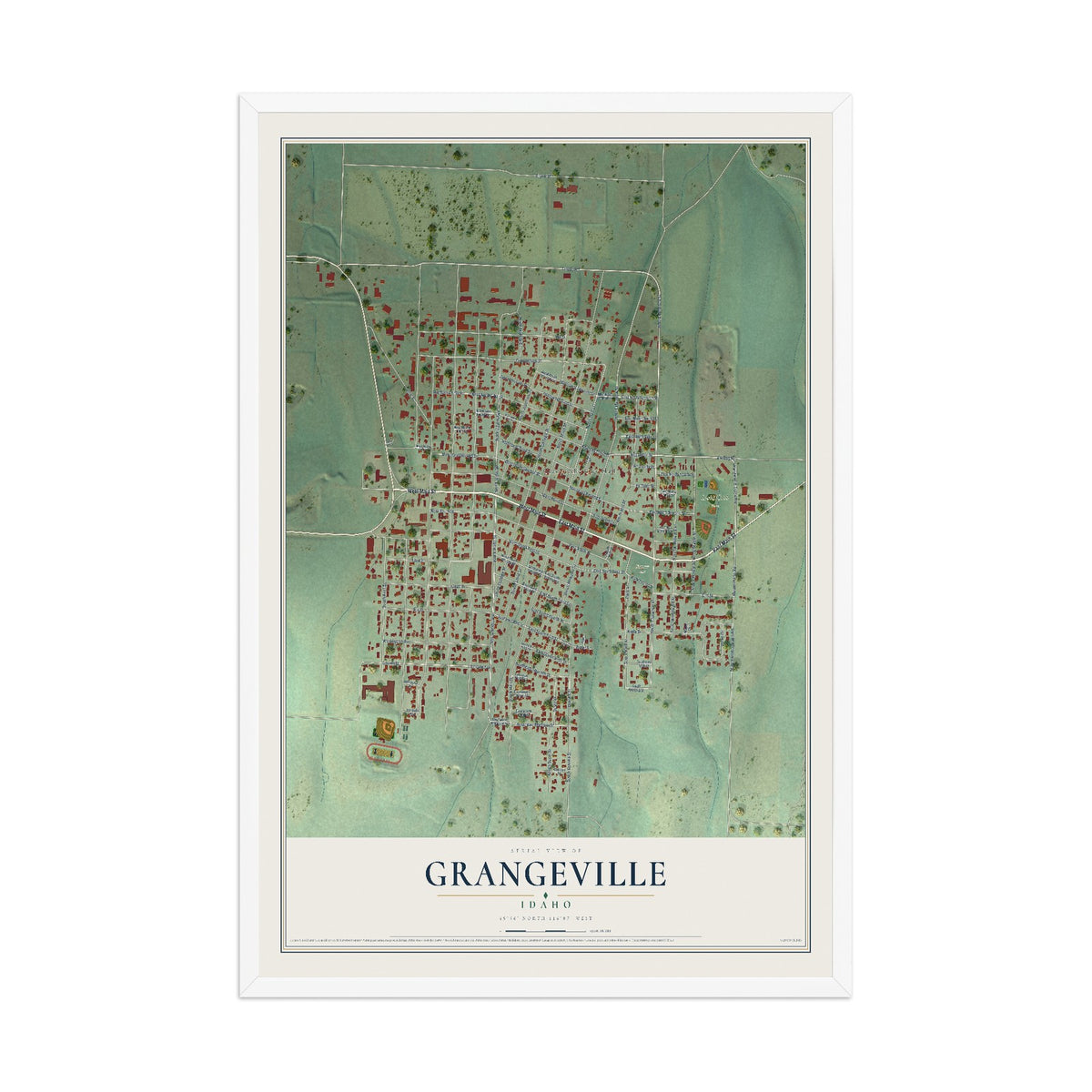 Map of Grangeville, Idaho, 12 x 18 inch print in a white wood frame