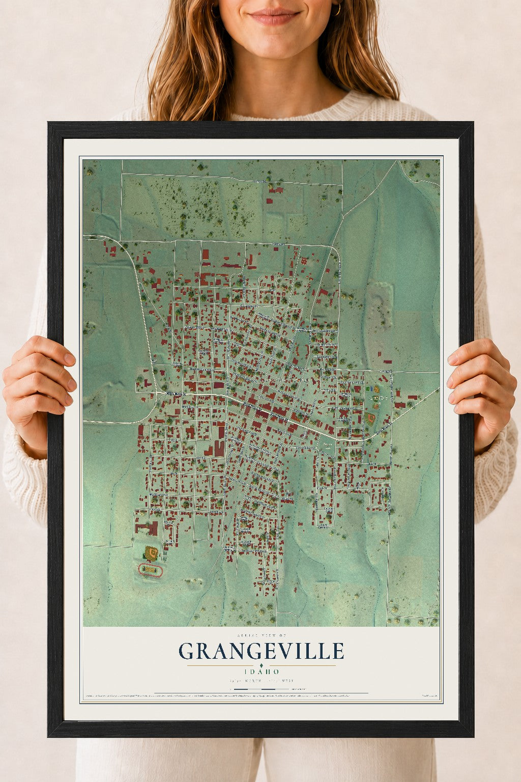 Map of Grangeville, Idaho, 18 x 24 inch print in a black wood frame
