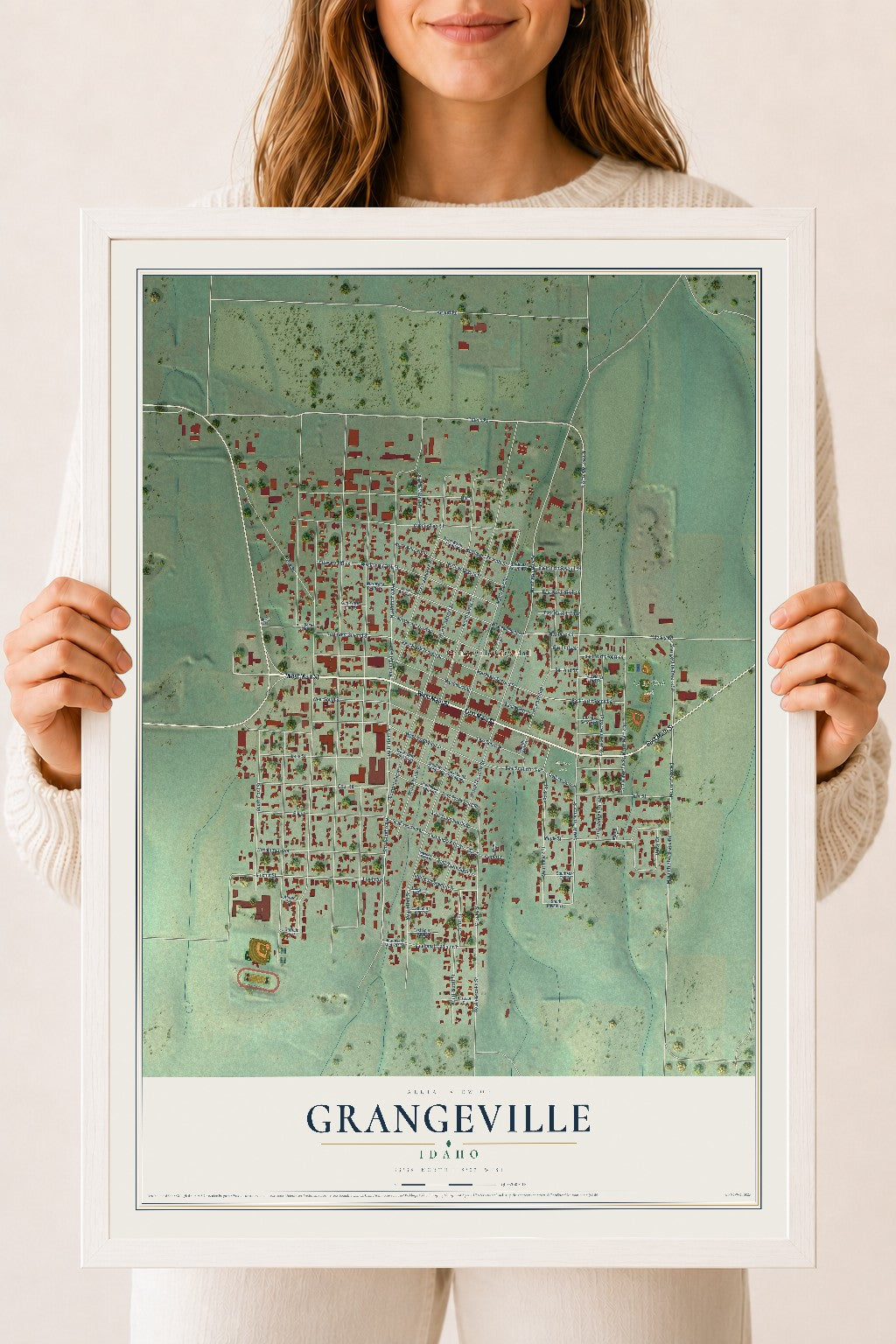 Map of Grangeville, Idaho, 18 x 24 inch print in a white wood frame