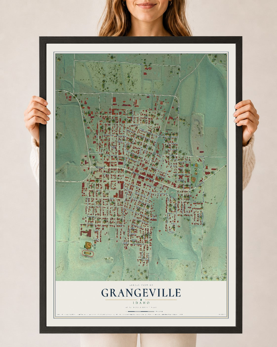 Map of Grangeville, Idaho, 24 x 36 inch print in a black wood frame