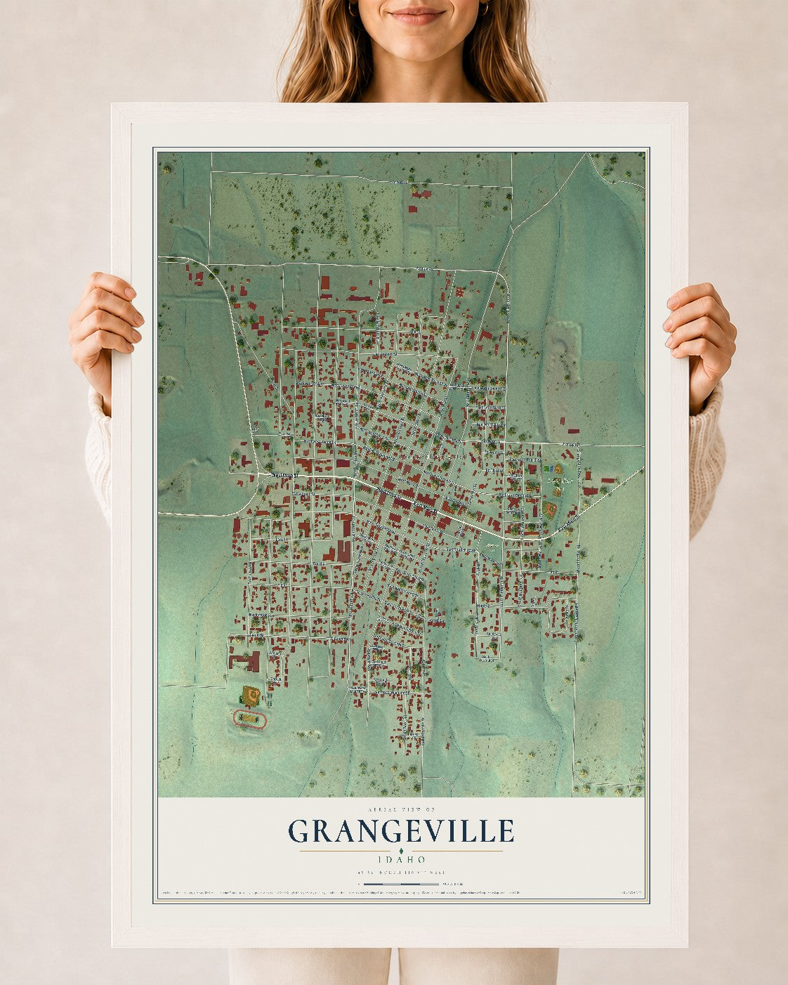Map of Grangeville, Idaho, 24 x 36 inch print in a white wood frame
