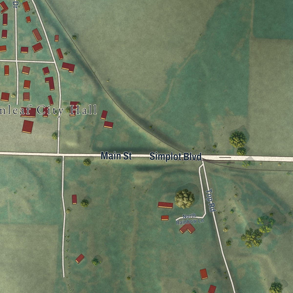 Second close-up of the map of Greenleaf, Idaho print showing more streets and buildings