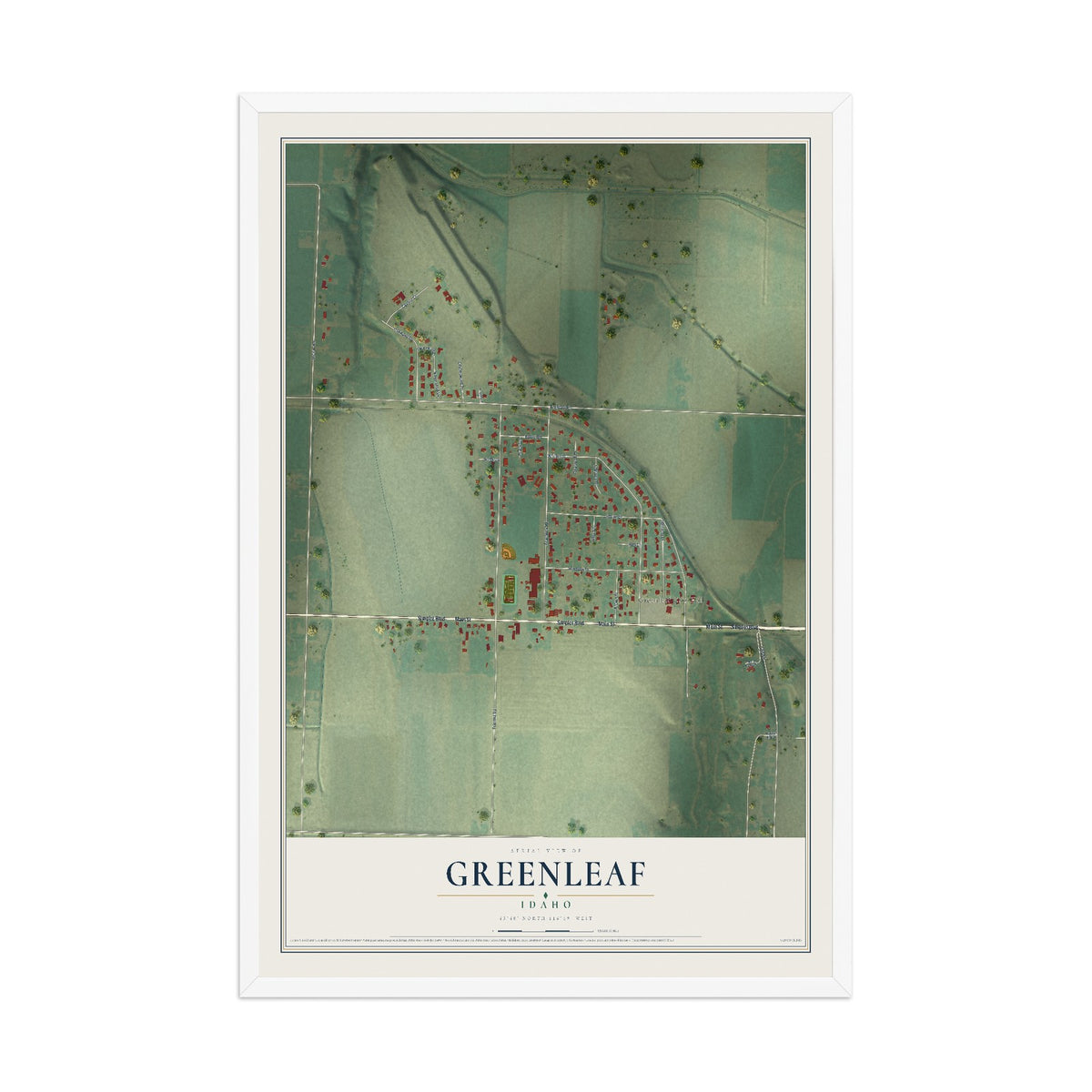 Map of Greenleaf, Idaho, 12 x 18 inch print in a white wood frame
