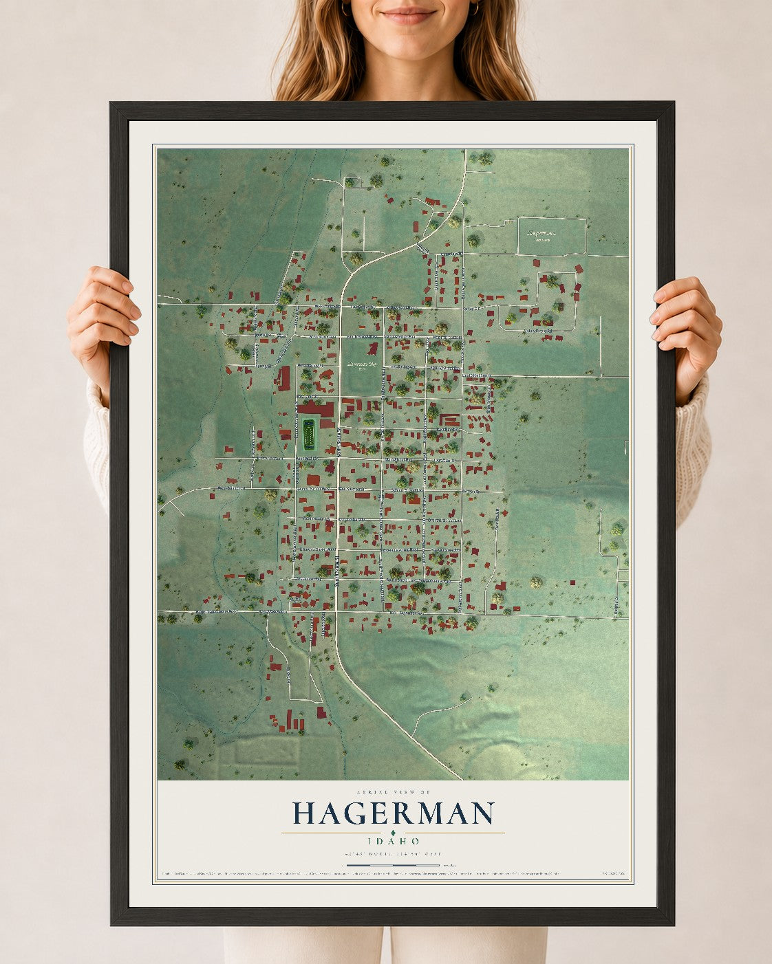 Map of Hagerman, Idaho, 24 x 36 inch print in a black wood frame