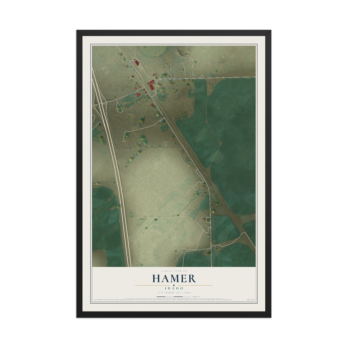 Map of Hamer, Idaho, 12 x 18 inch print in a black wood frame