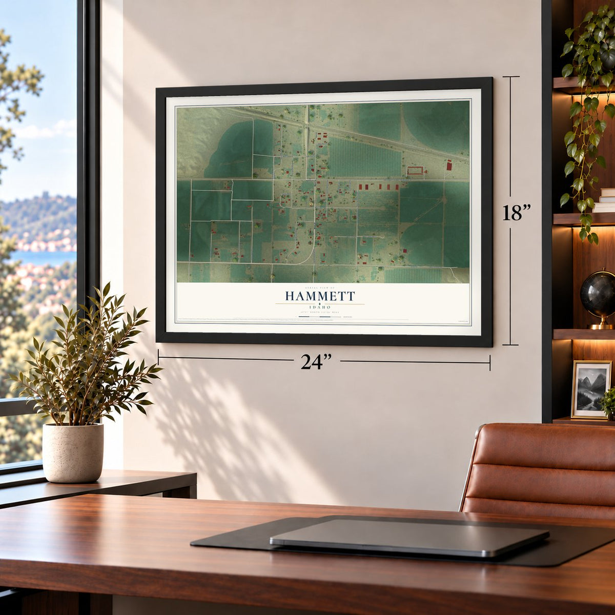 Hammett, Idaho map, 18 x 24 inch print in a black frame in a home office