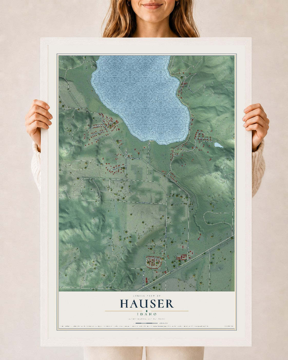 Map of Hauser, Idaho, 24 x 36 inch print in a white wood frame