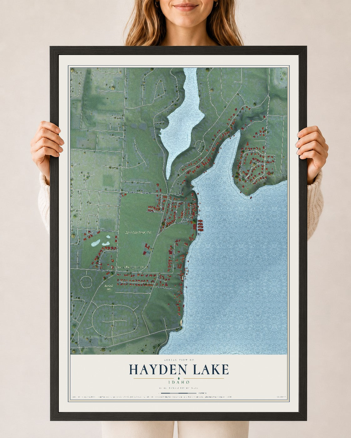 Map of Hayden Lake, Idaho, 24 x 36 inch print in a black wood frame