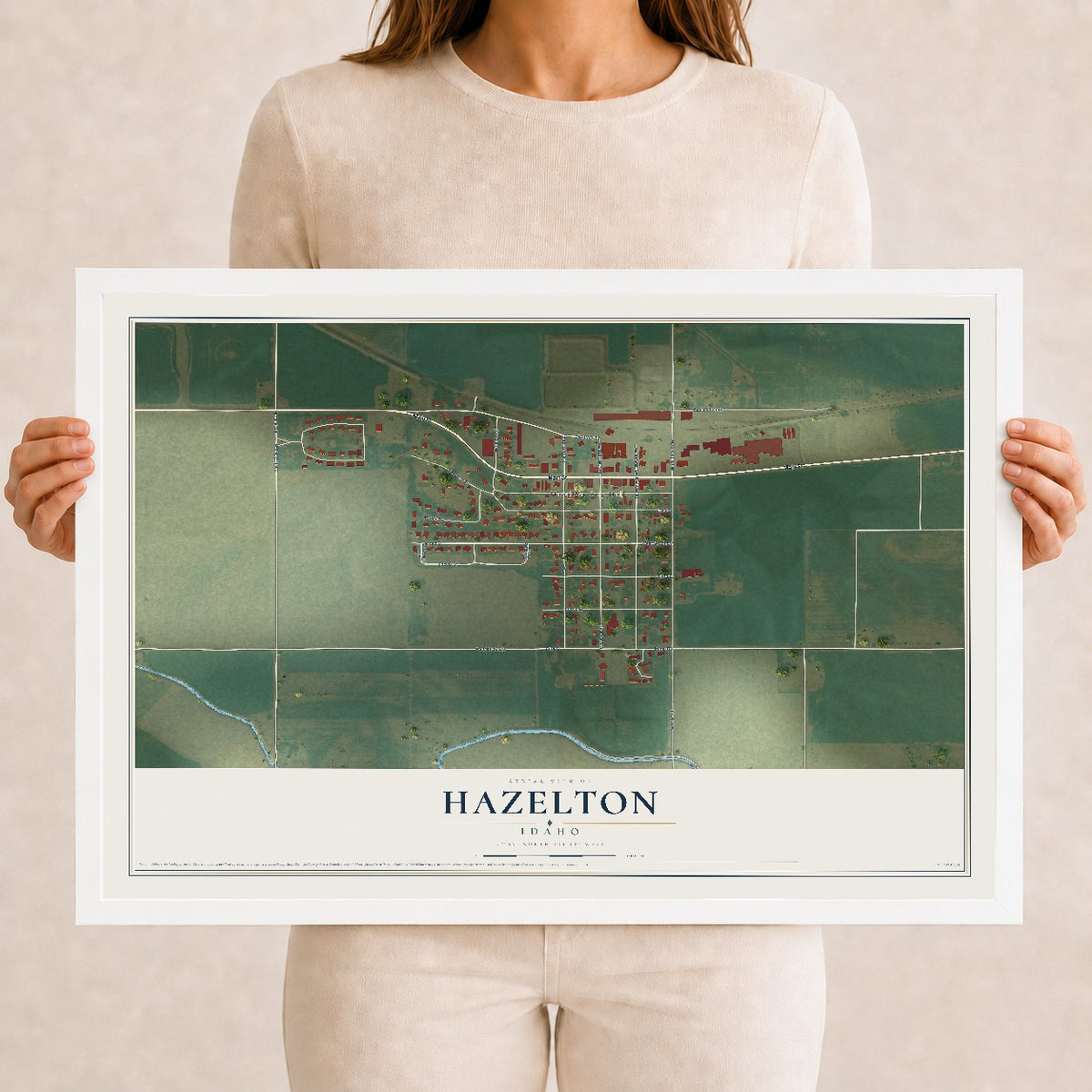 Map of Hazelton, Idaho, 12 x 18 inch print in a white wood frame