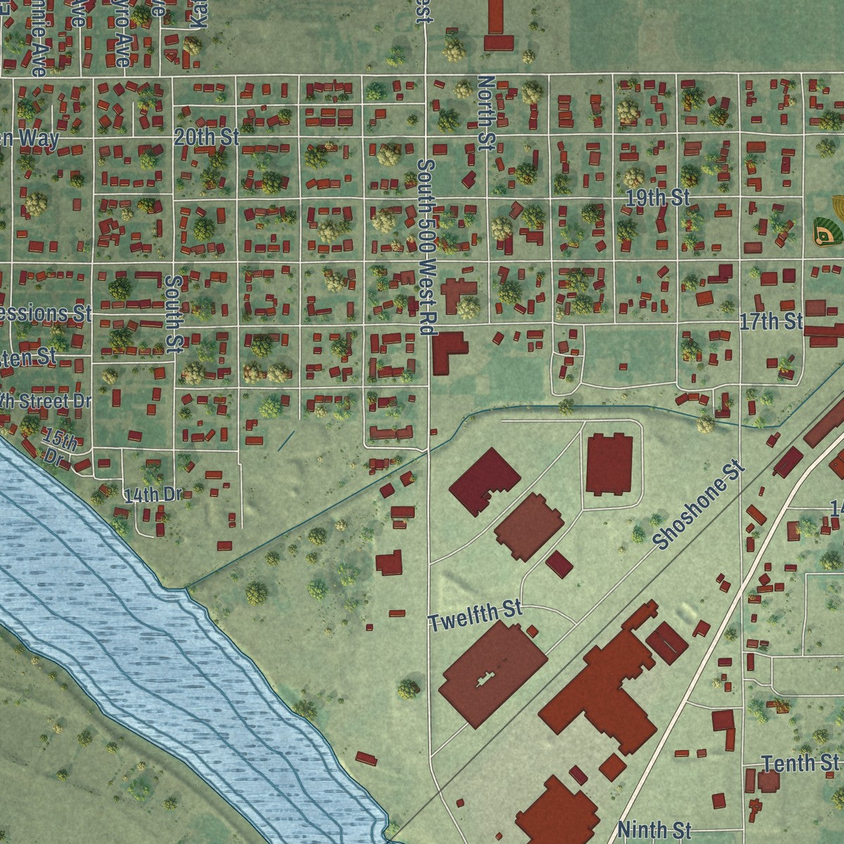 Close-up of the map of Heyburn, Idaho print showing street and building detail