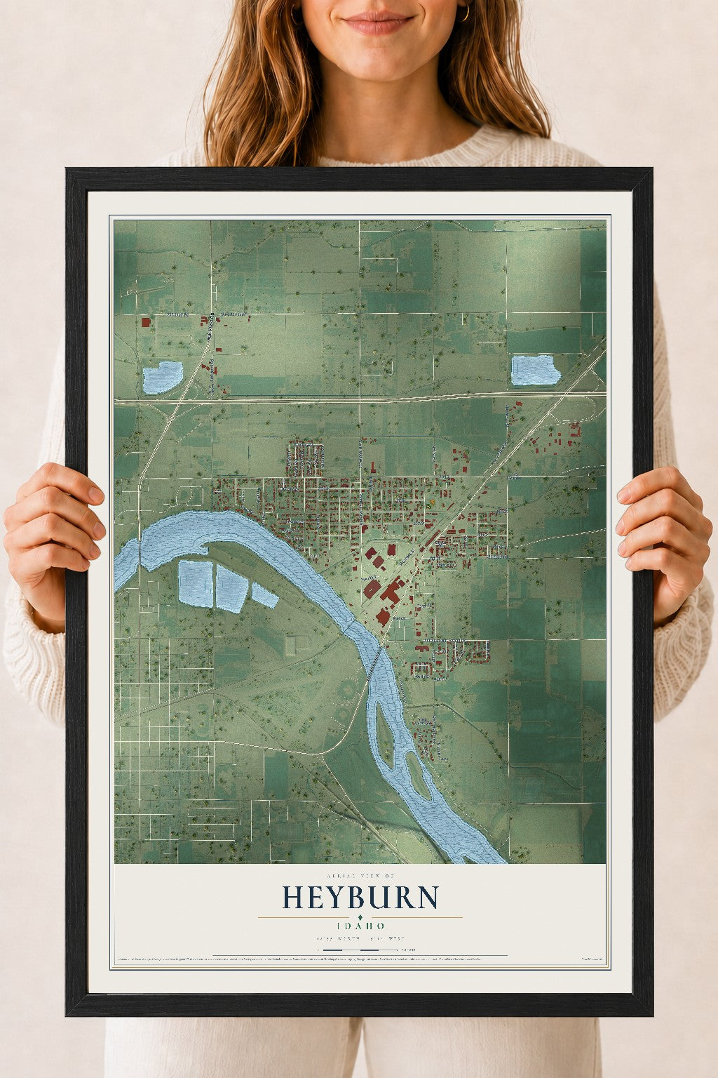 Map of Heyburn, Idaho, 18 x 24 inch print in a black wood frame