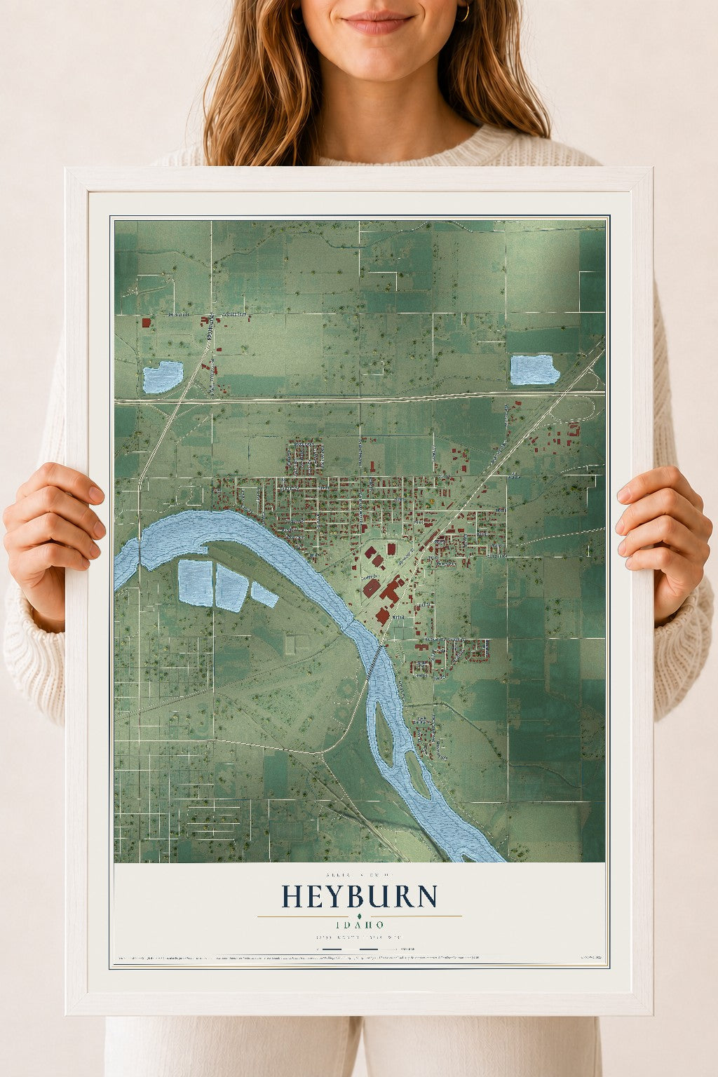 Map of Heyburn, Idaho, 18 x 24 inch print in a white wood frame
