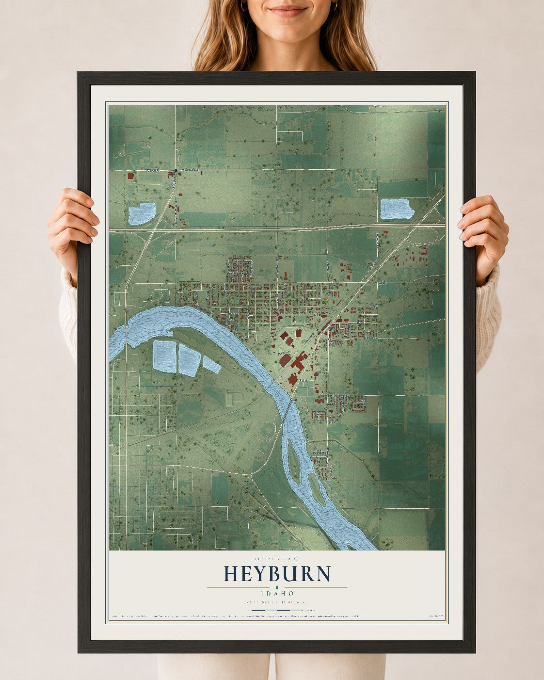 Map of Heyburn, Idaho, 24 x 36 inch print in a black wood frame