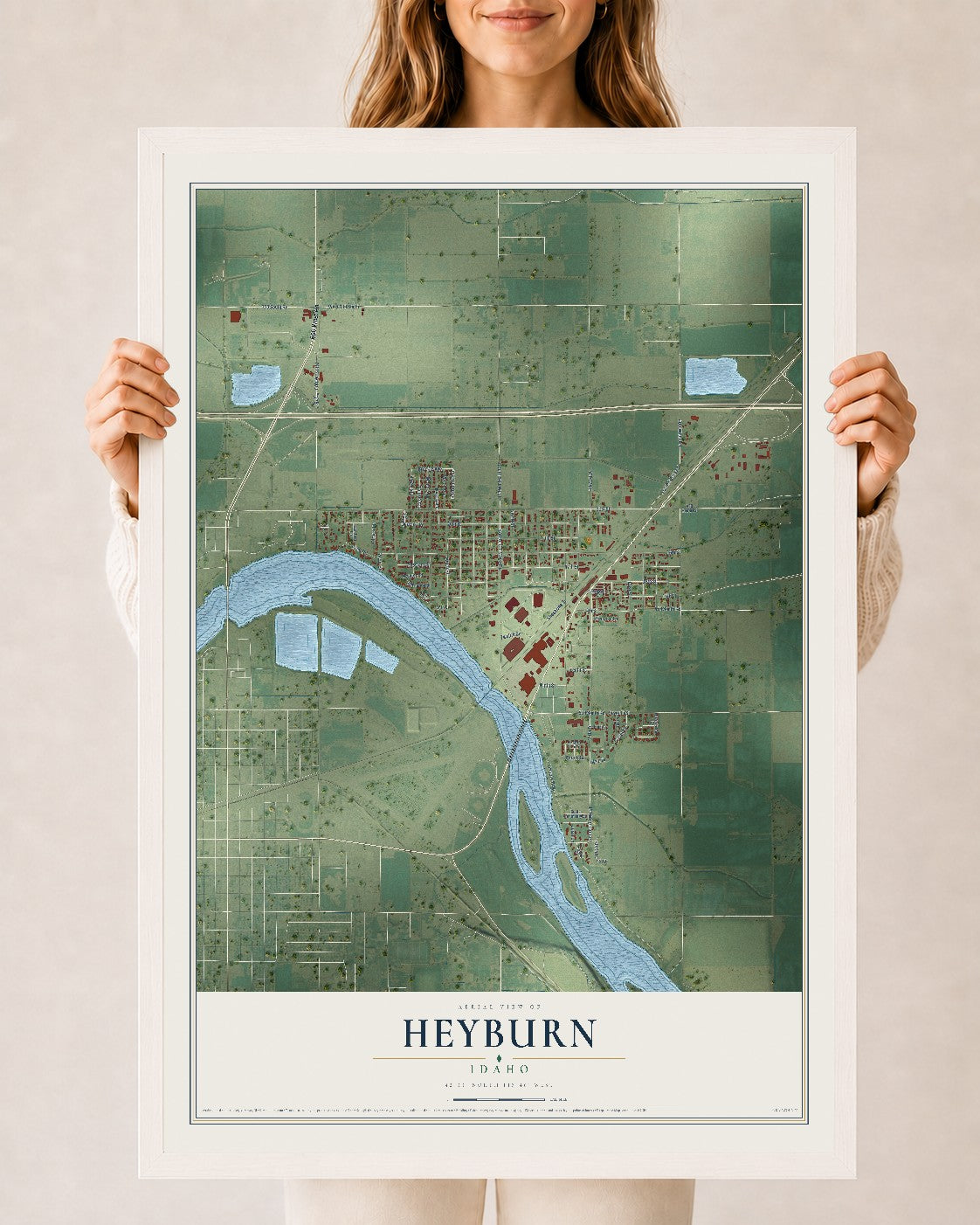 Map of Heyburn, Idaho, 24 x 36 inch print in a white wood frame