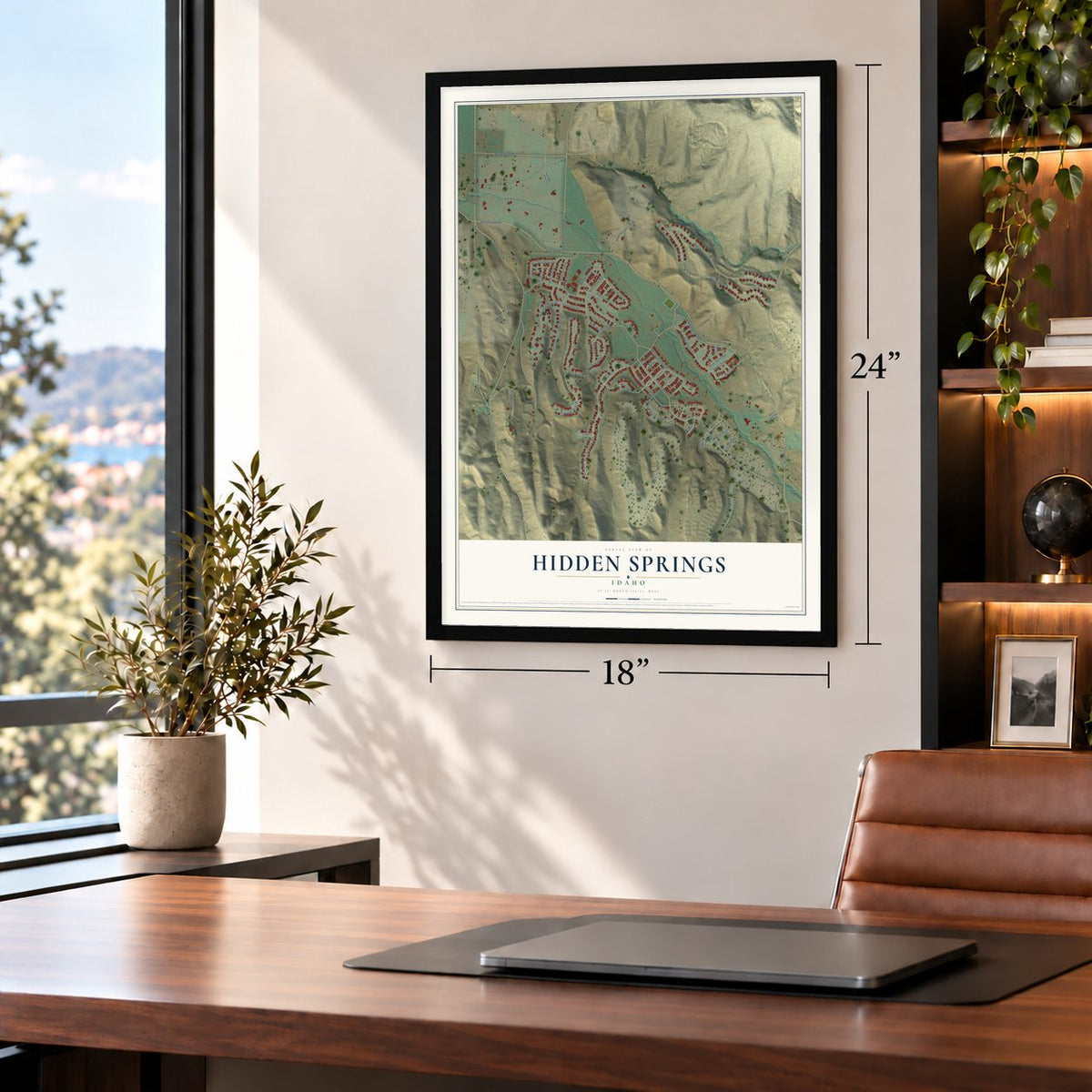 Hidden Springs, Idaho map, 18 x 24 inch print in a black frame in a home office