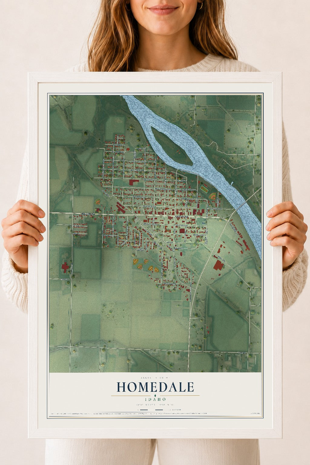 Map of Homedale, Idaho, 18 x 24 inch print in a white wood frame