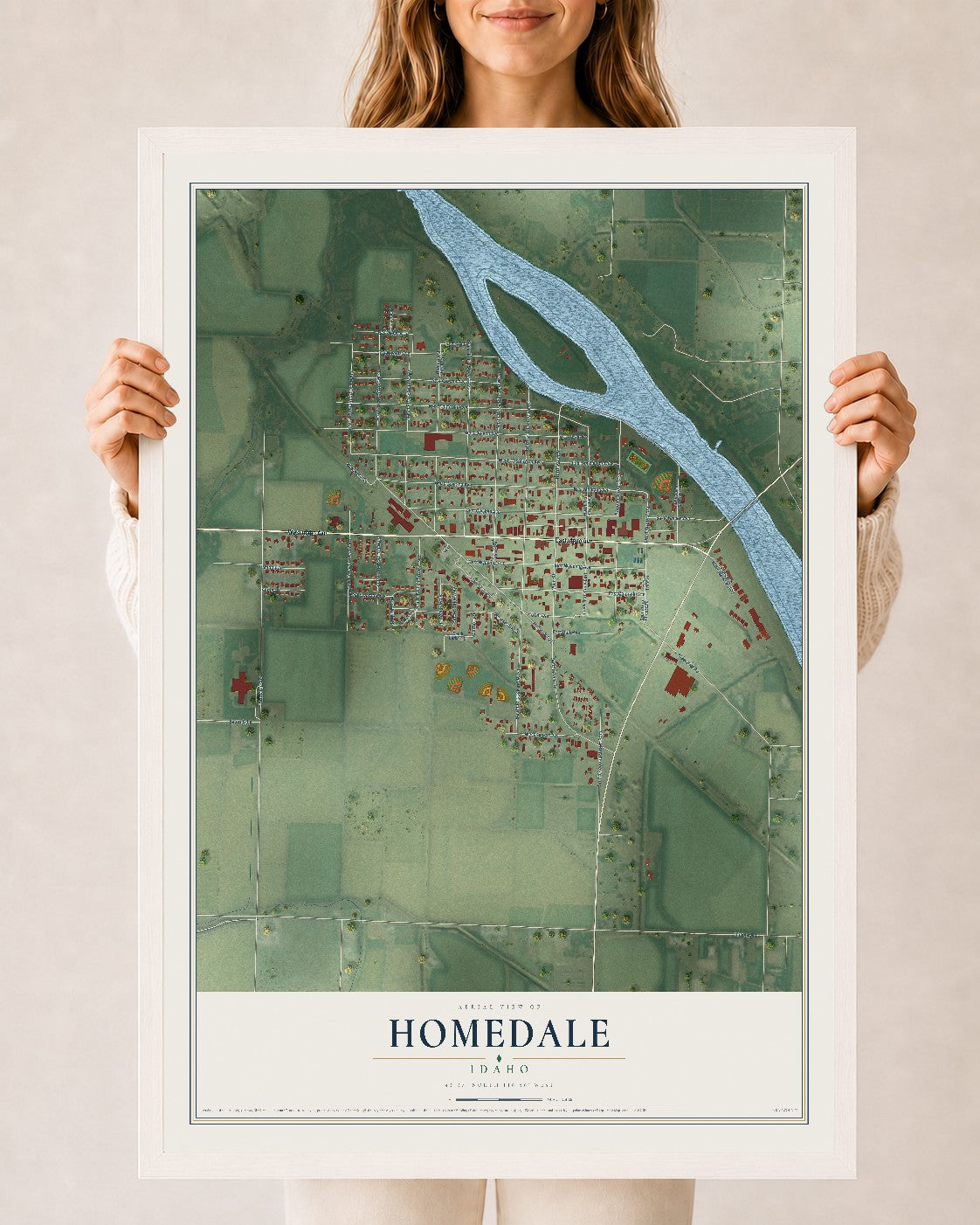 Map of Homedale, Idaho, 24 x 36 inch print in a white wood frame