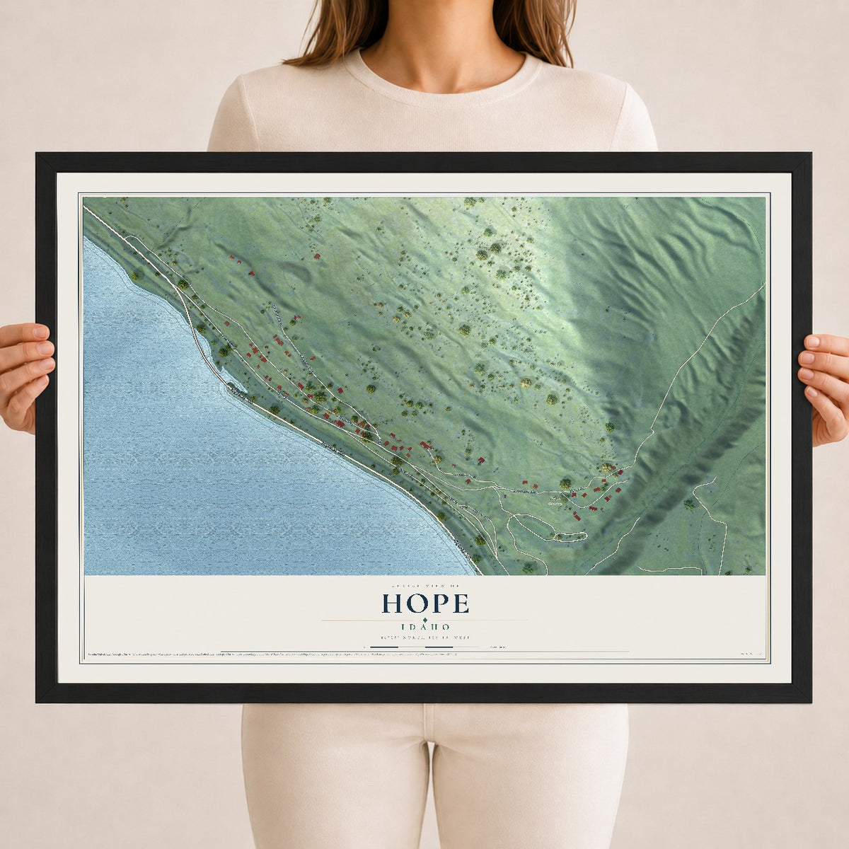 Map of Hope, Idaho, 18 x 24 inch print in a black wood frame